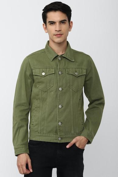 men olive solid casual jacket