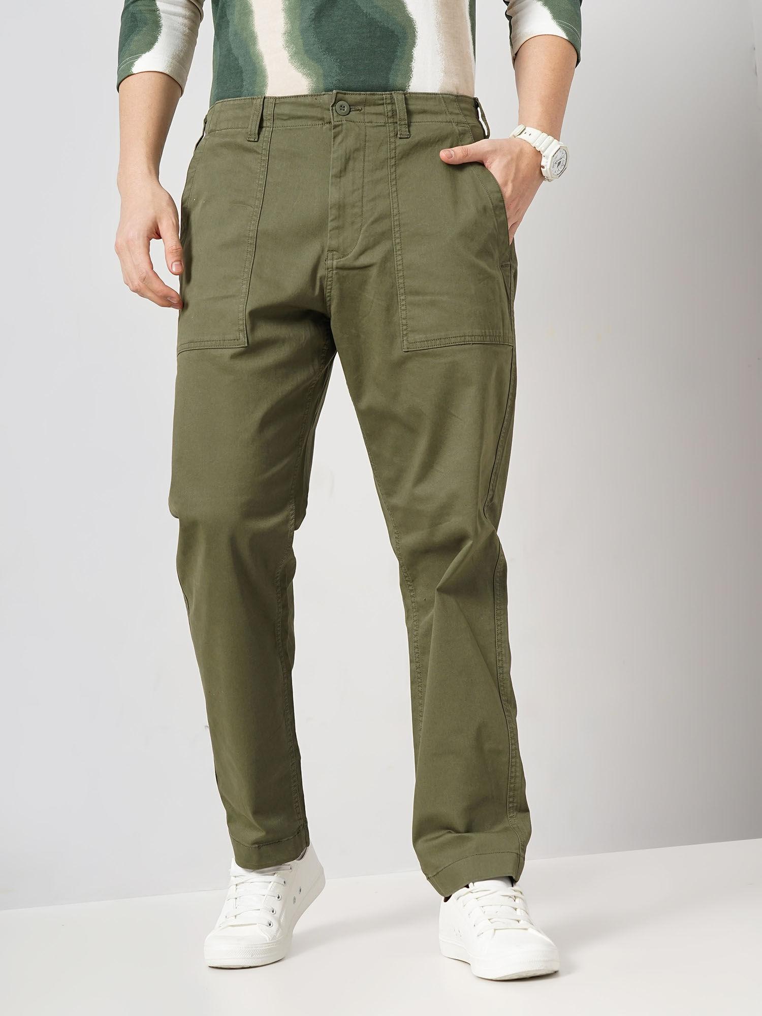 men olive solid loose fit cotton elastane casual trouser