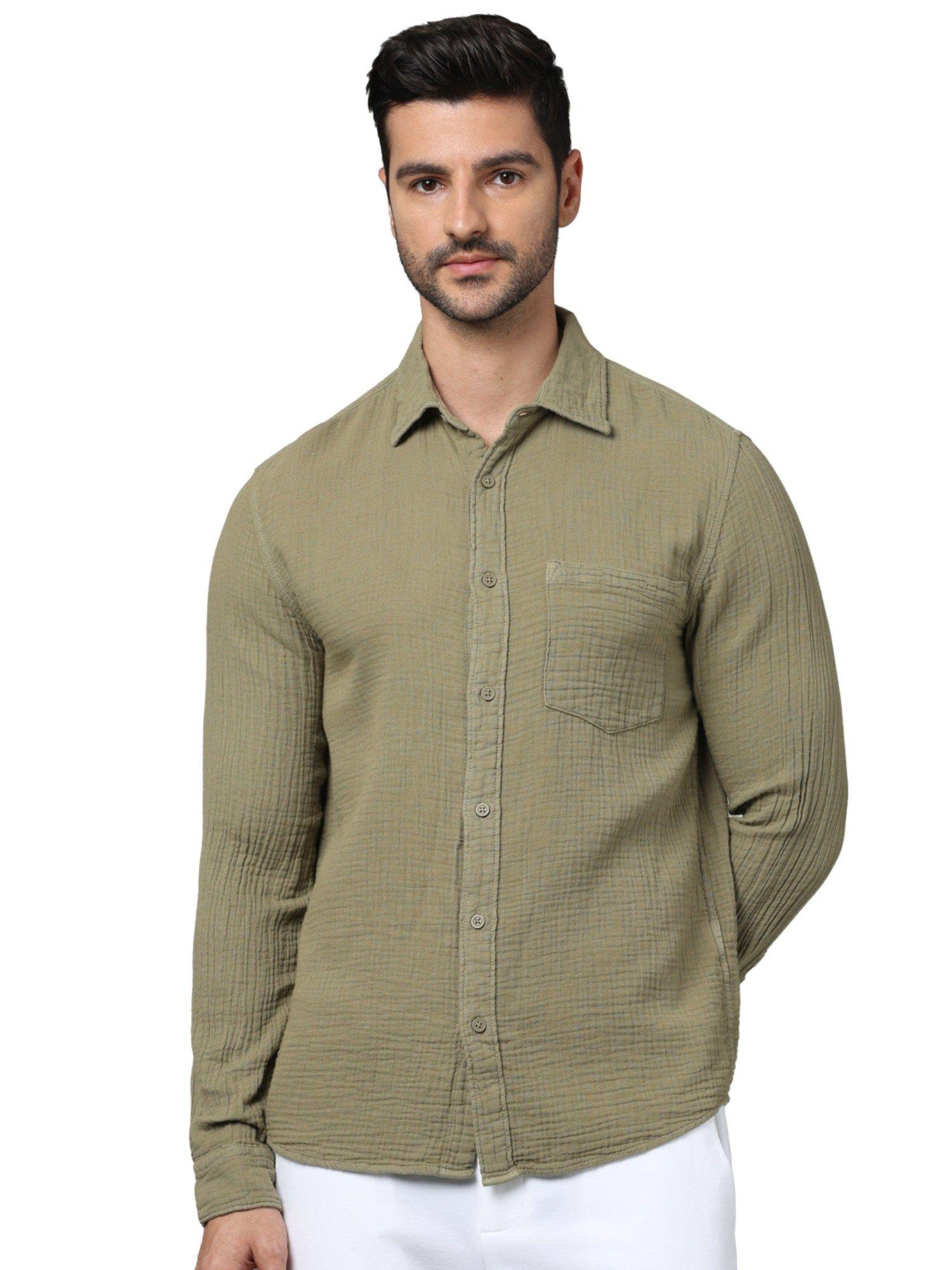 men olive solid regular fit cotton double cloth casual shirt