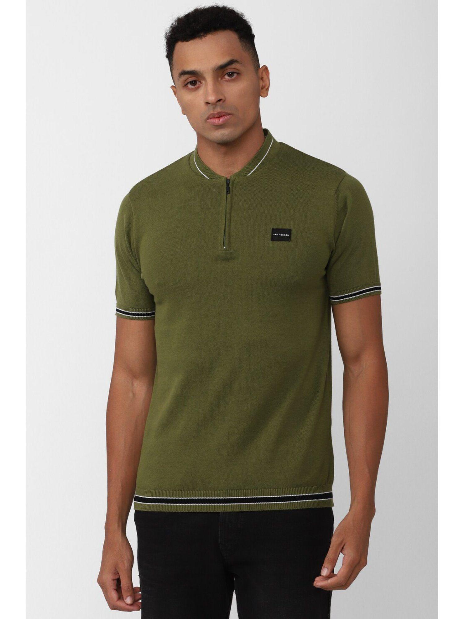 men olive solid stylized neck t-shirt