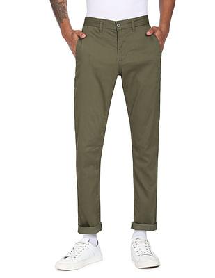 men olive super slim fit twill casual trousers