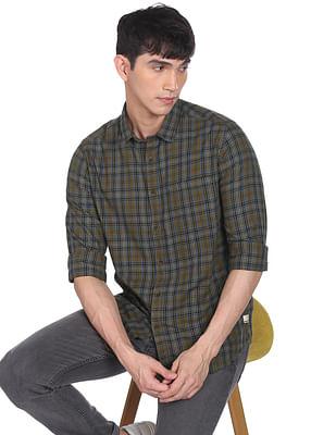 men olive tartan check pure cotton casual shirt