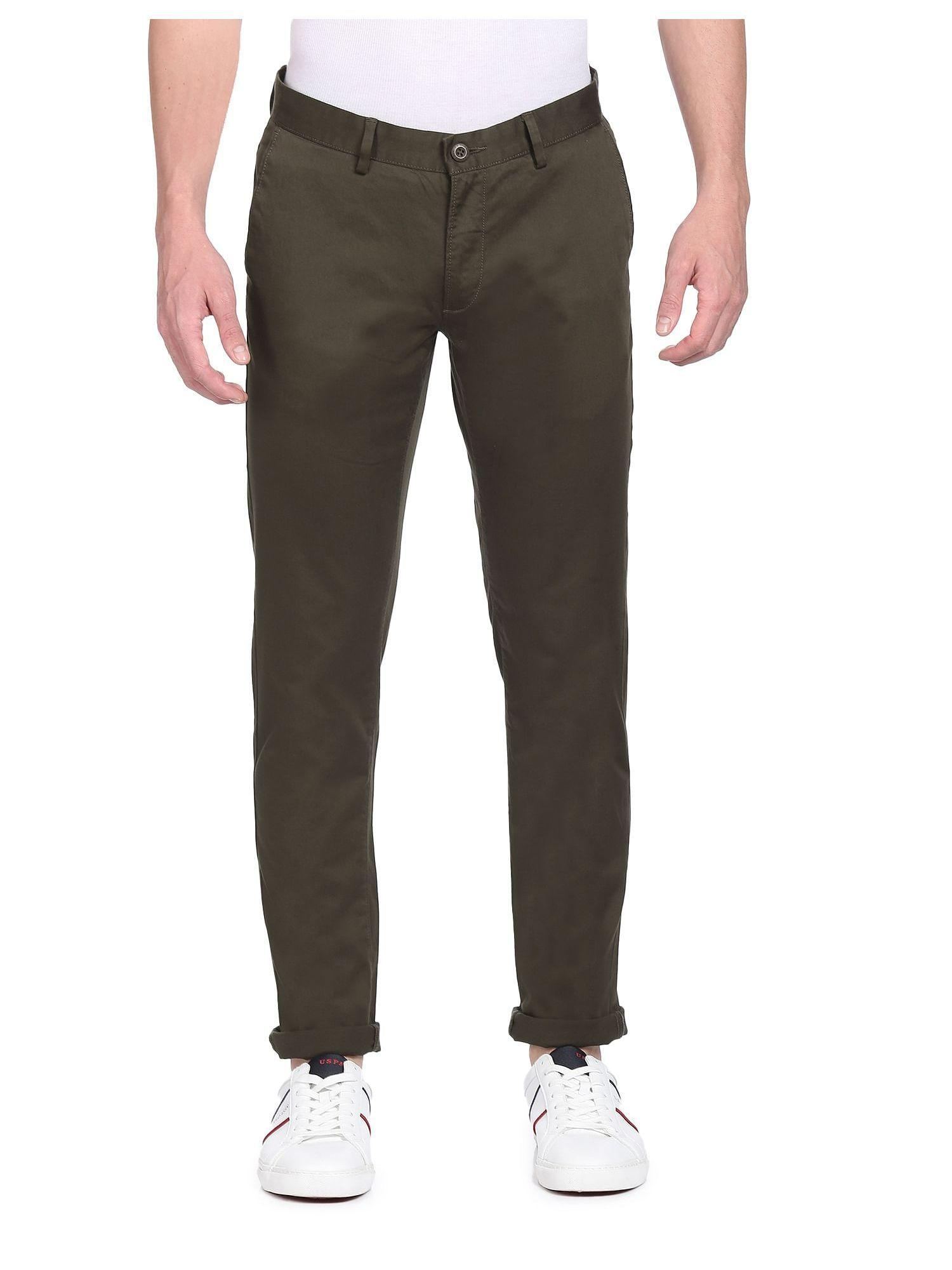 men olive twill weave denver slim fit solid casual trousers