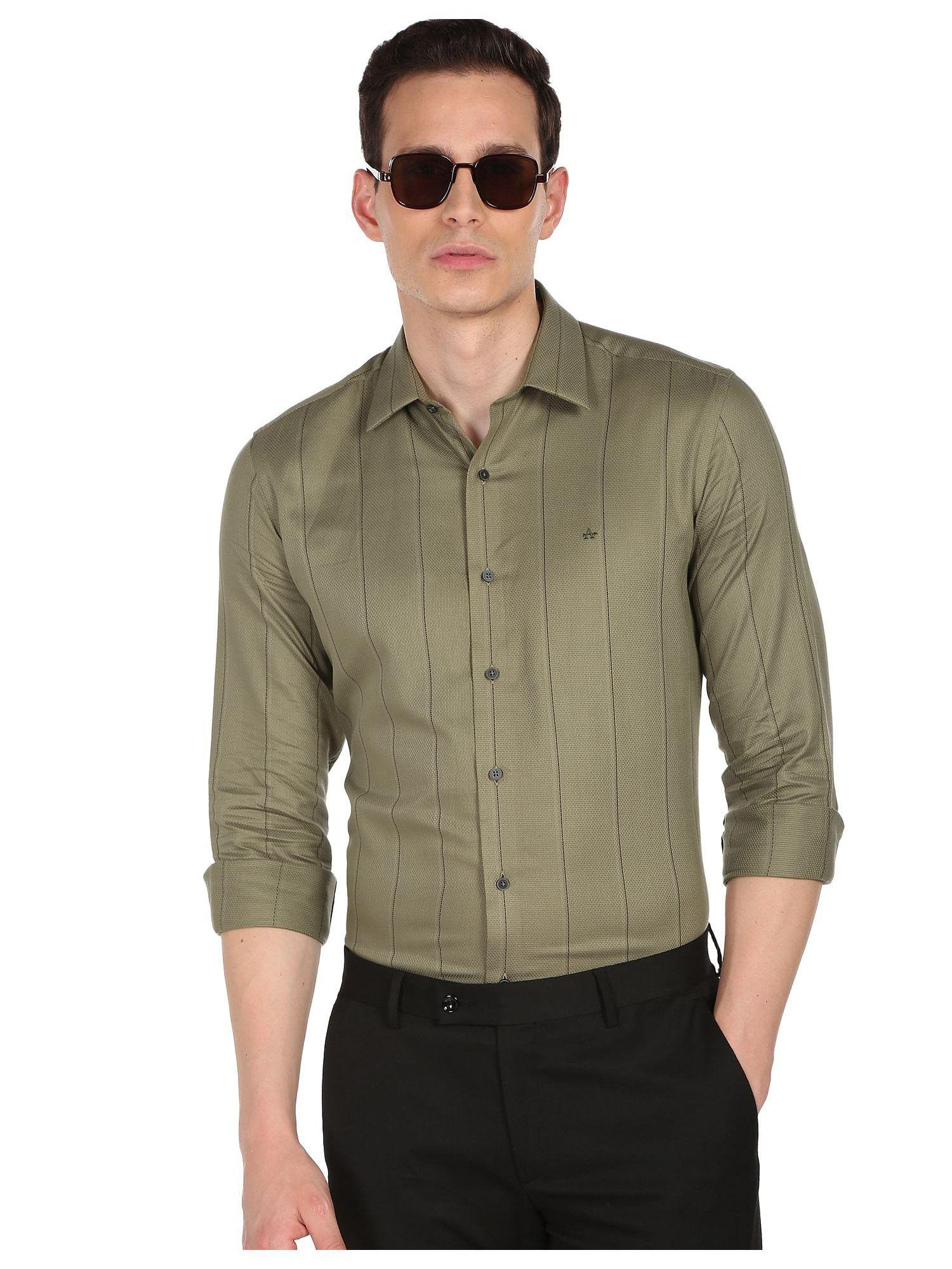 men olive vertical stripe dobby weave pure cotton formal shirt