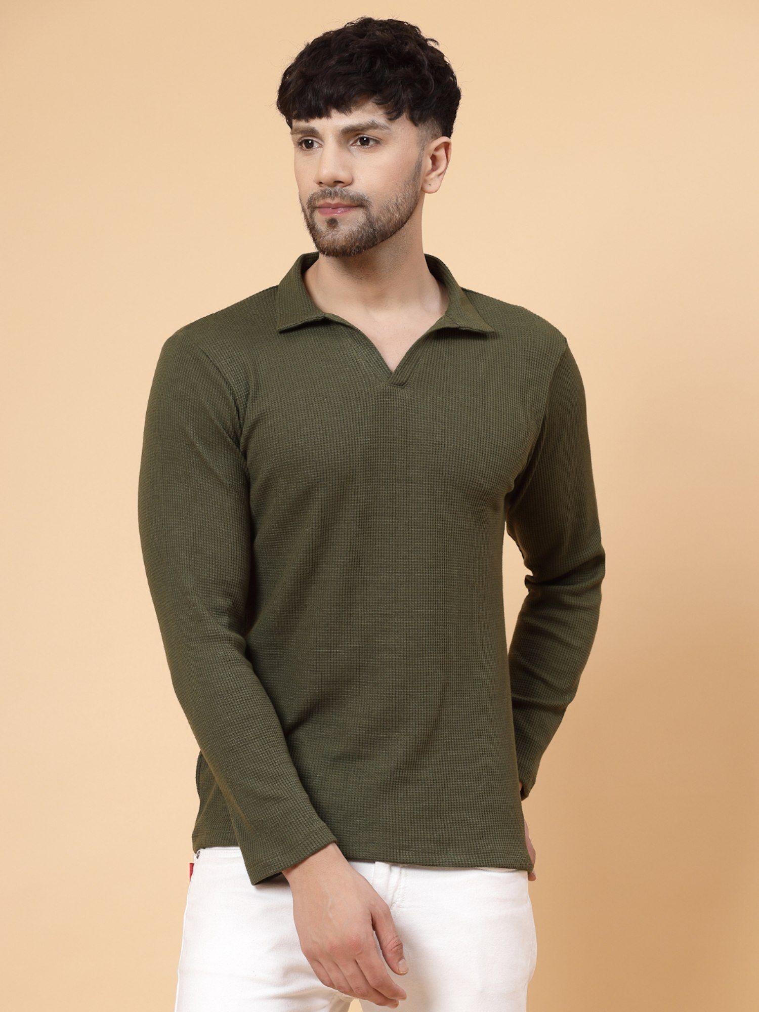 men olive waffle knit solid polo t-shirt