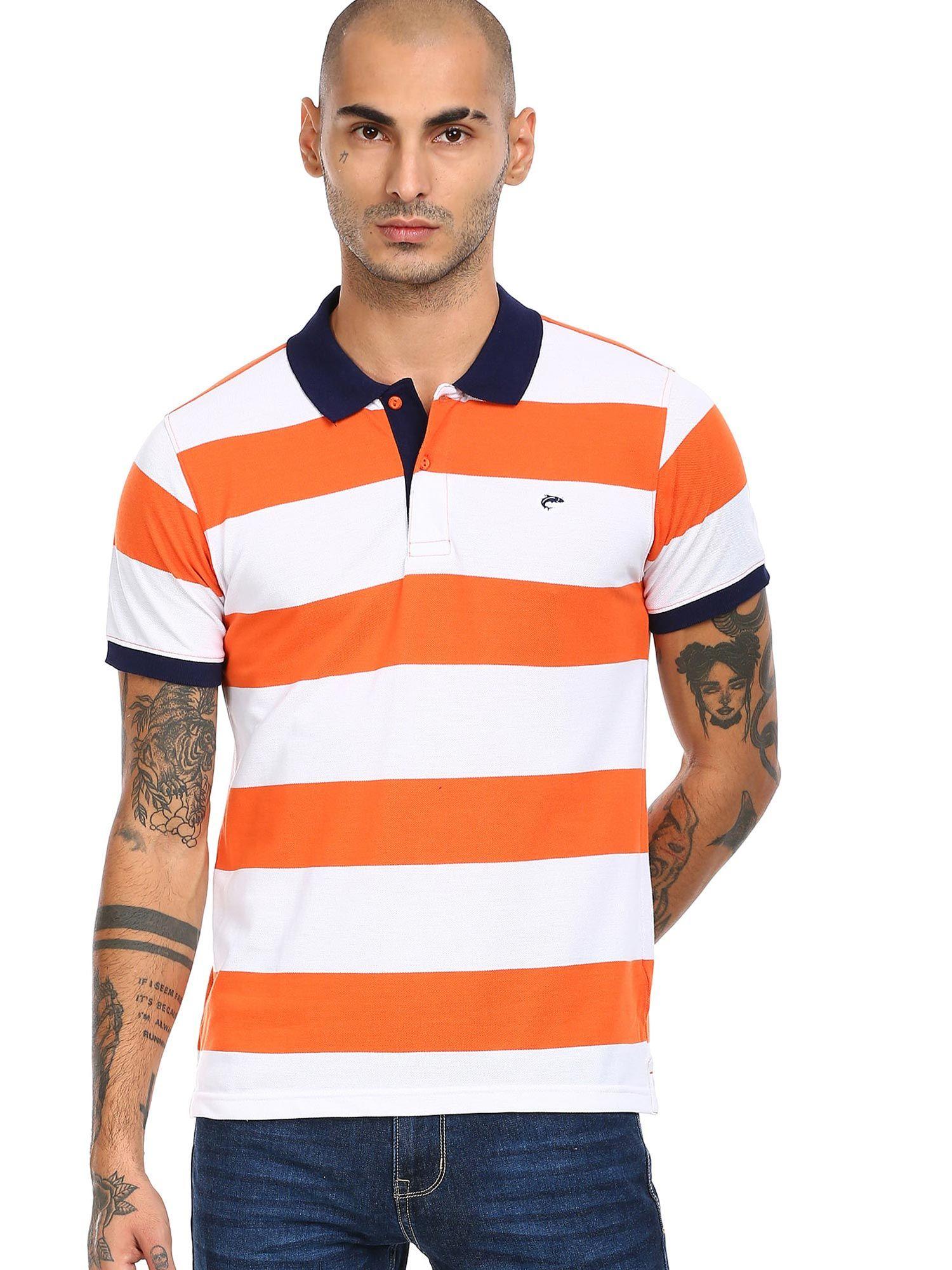 men orange and white contrast collar pique polo t-shirt