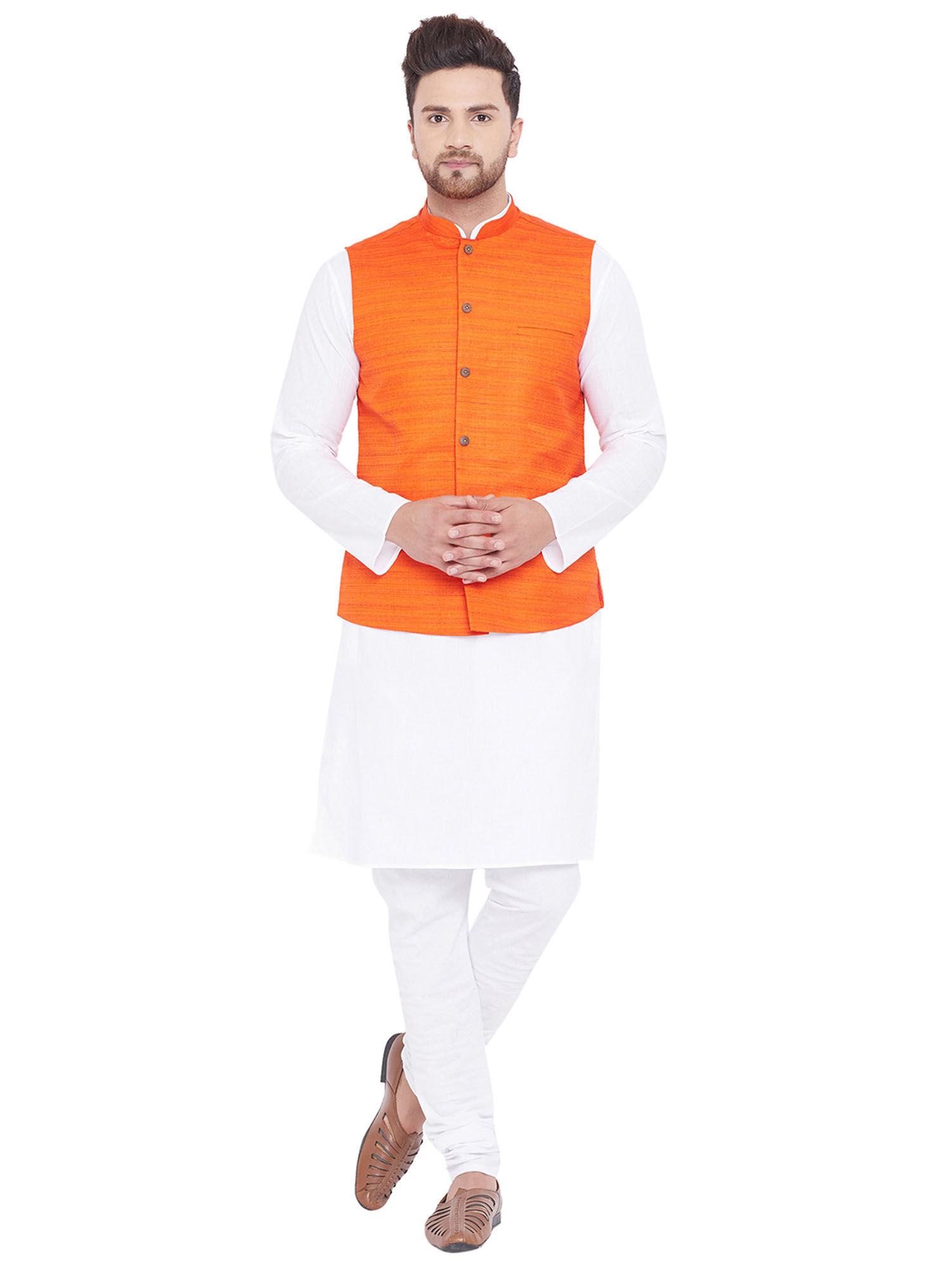 men orange and white cotton blend jacket, kurta and pyjama (set of 3)