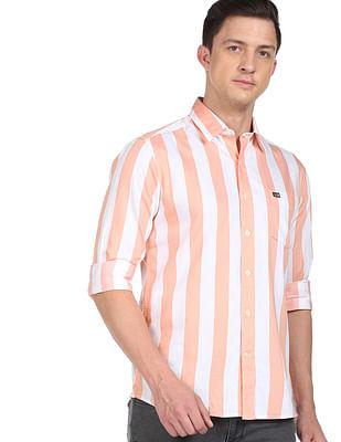 men orange and white vertical stripe cotton casual shirt