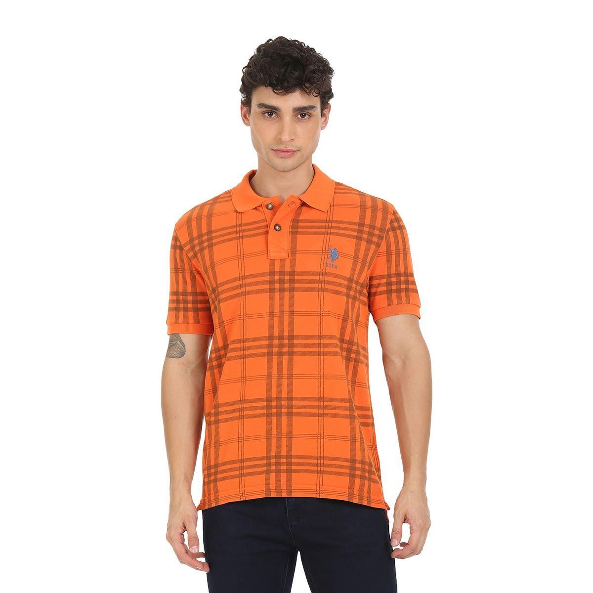 men orange check cotton pique polo t-shirt