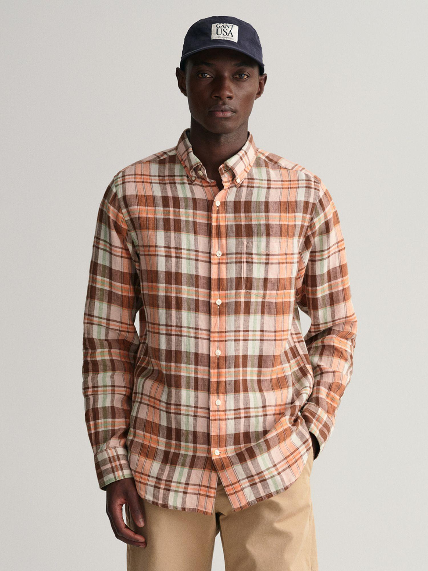 men orange check regular linen madras shirt