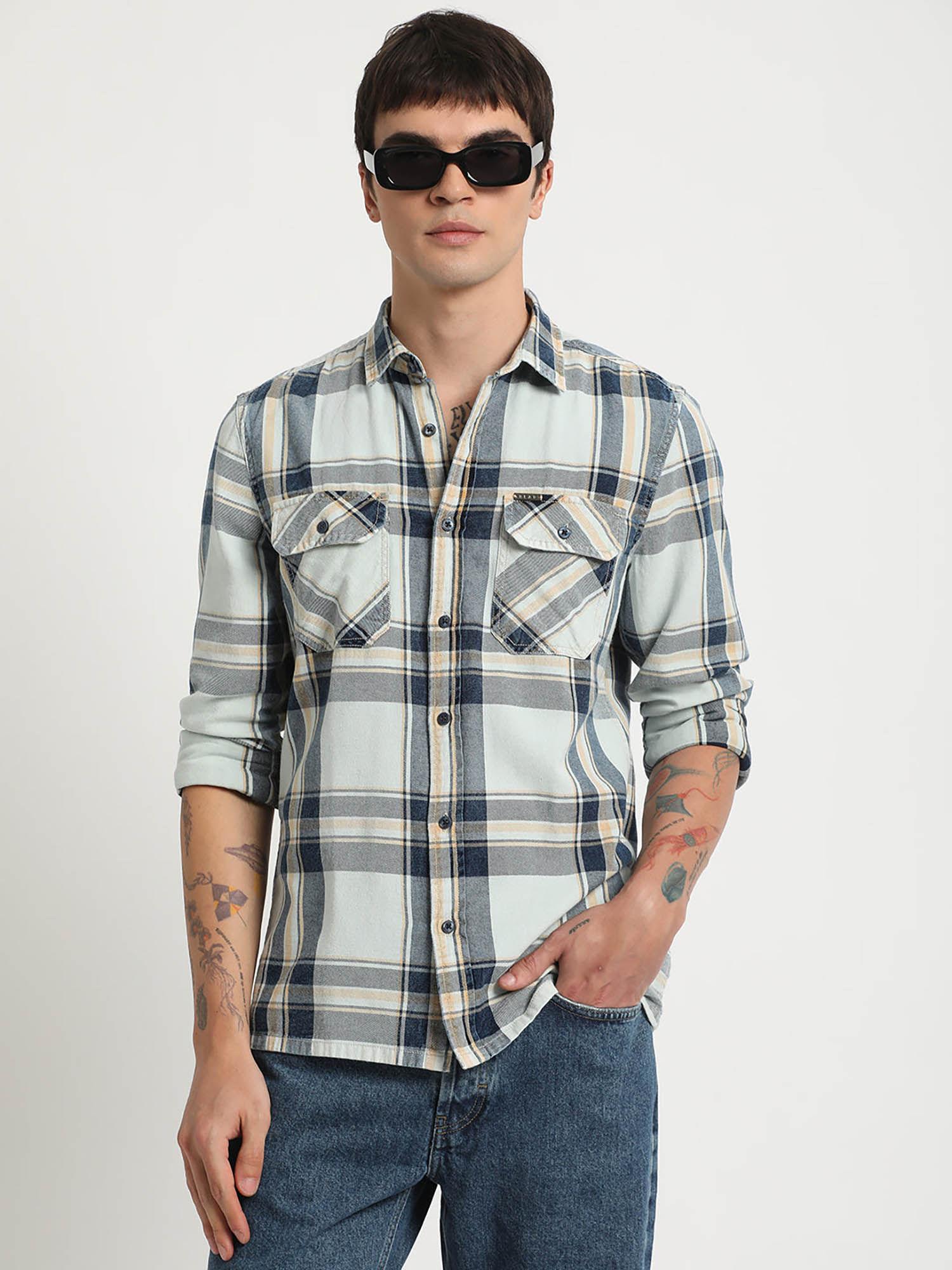 men orange checked slim fit cotton casual shirt