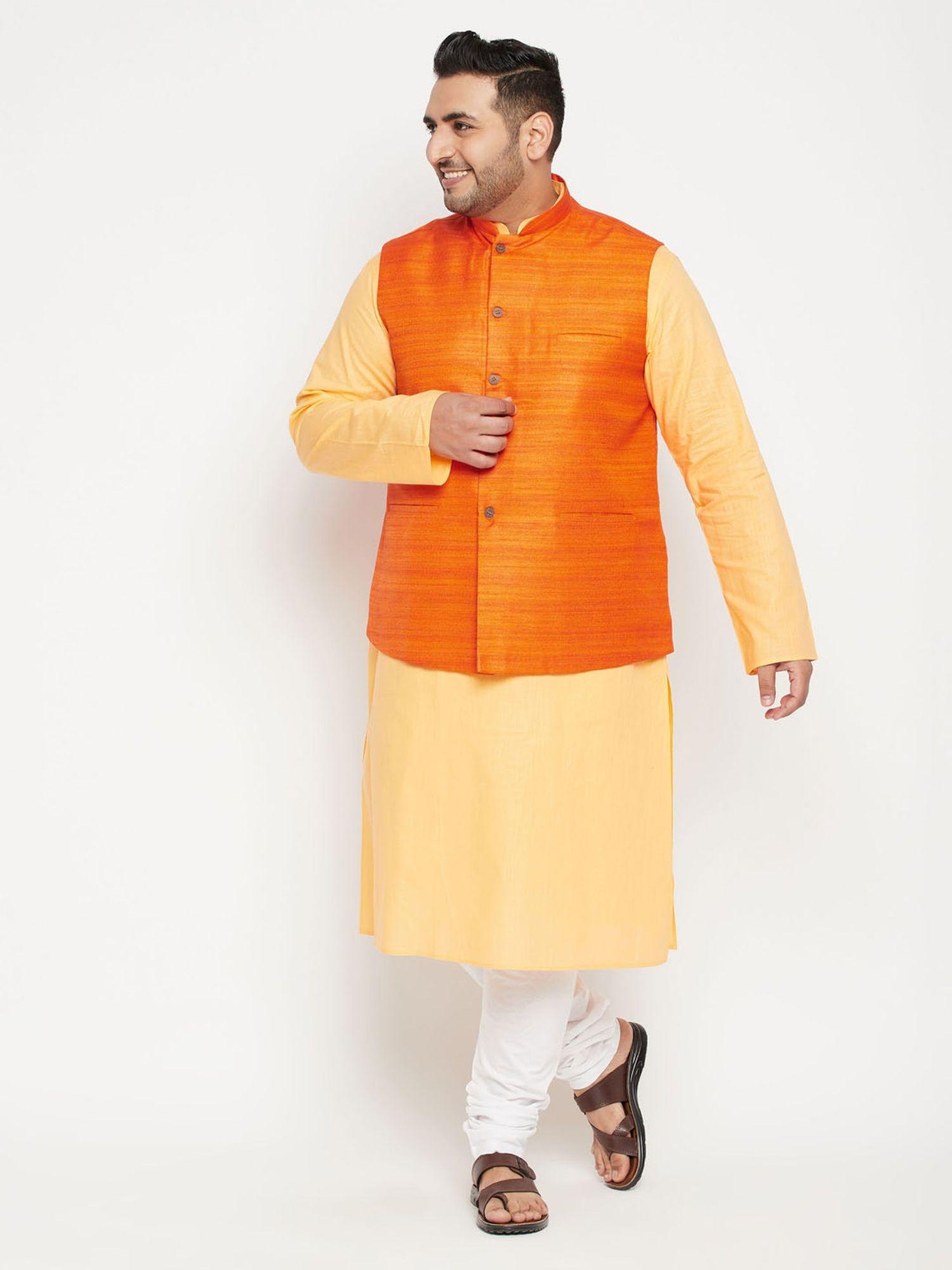 men orange cotton blend jacket kurta churidar (set of 3)