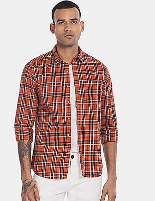 men orange cotton check casual shirt