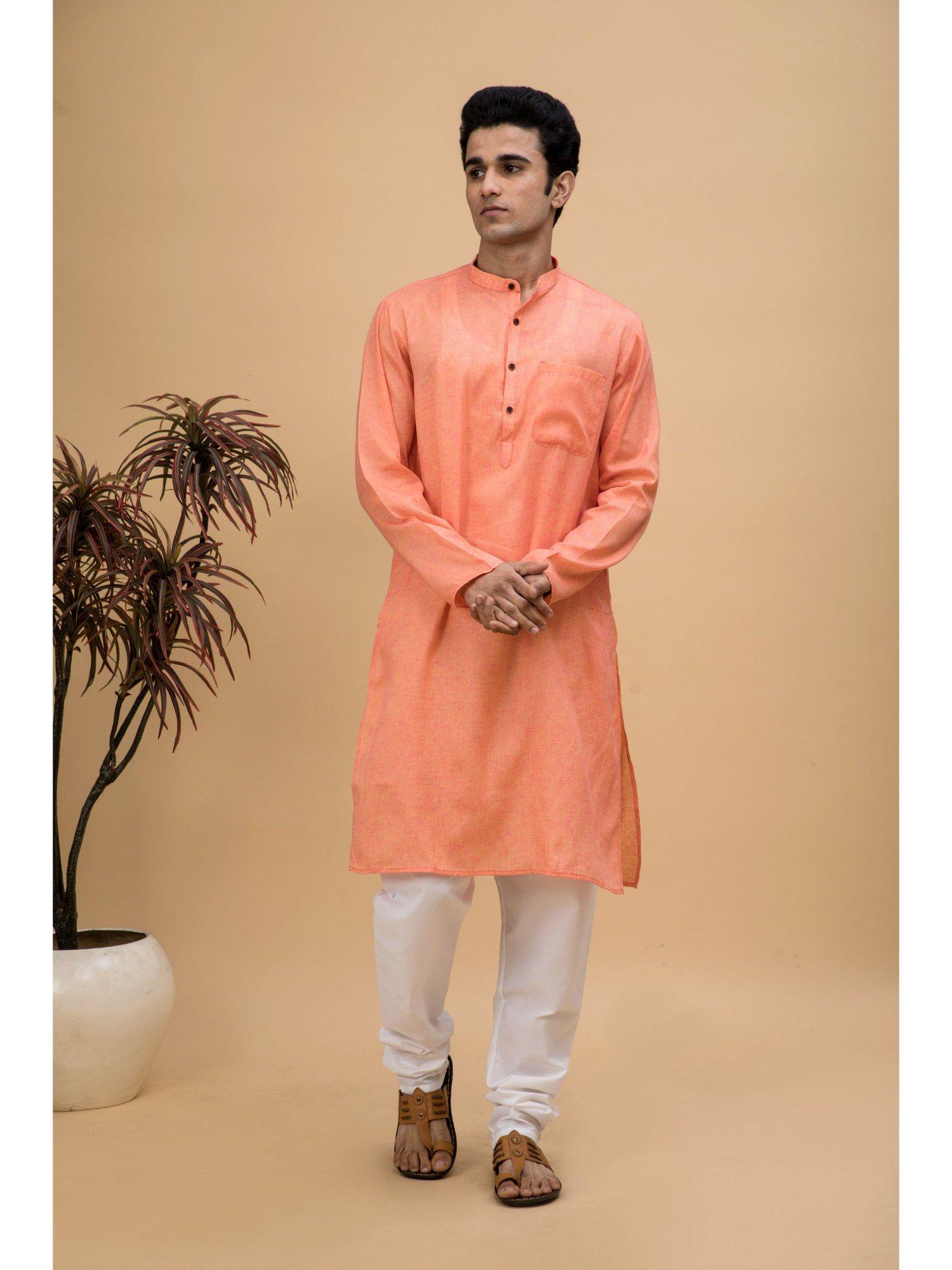 men orange cotton linen blend long kurta (set of 2)