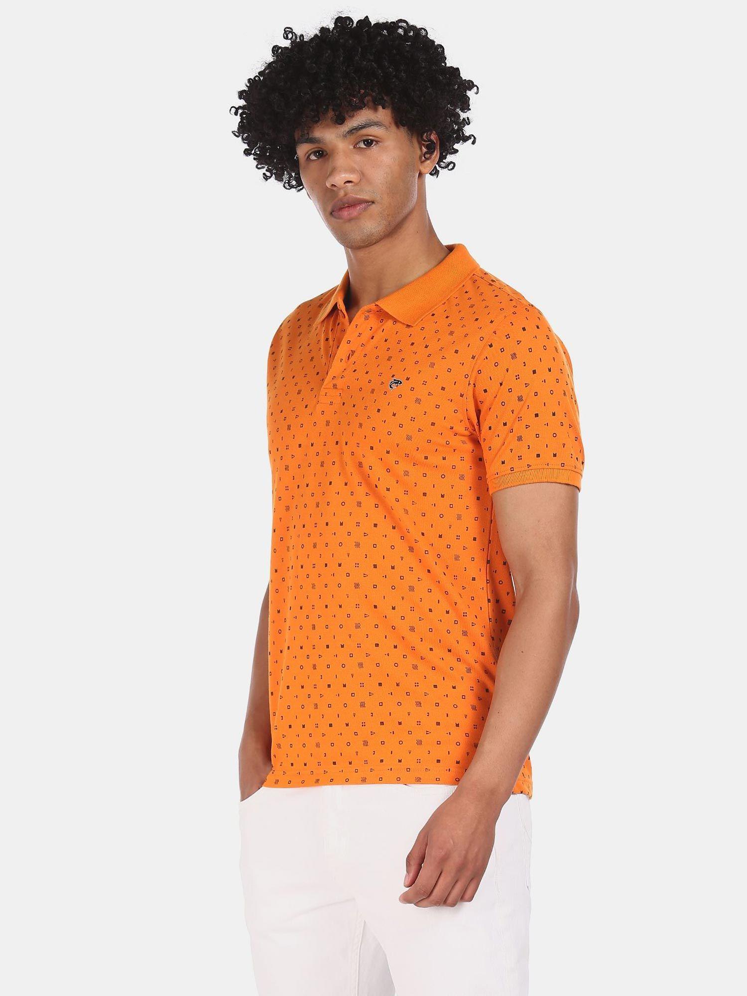 men orange cotton printed polo t-shirt