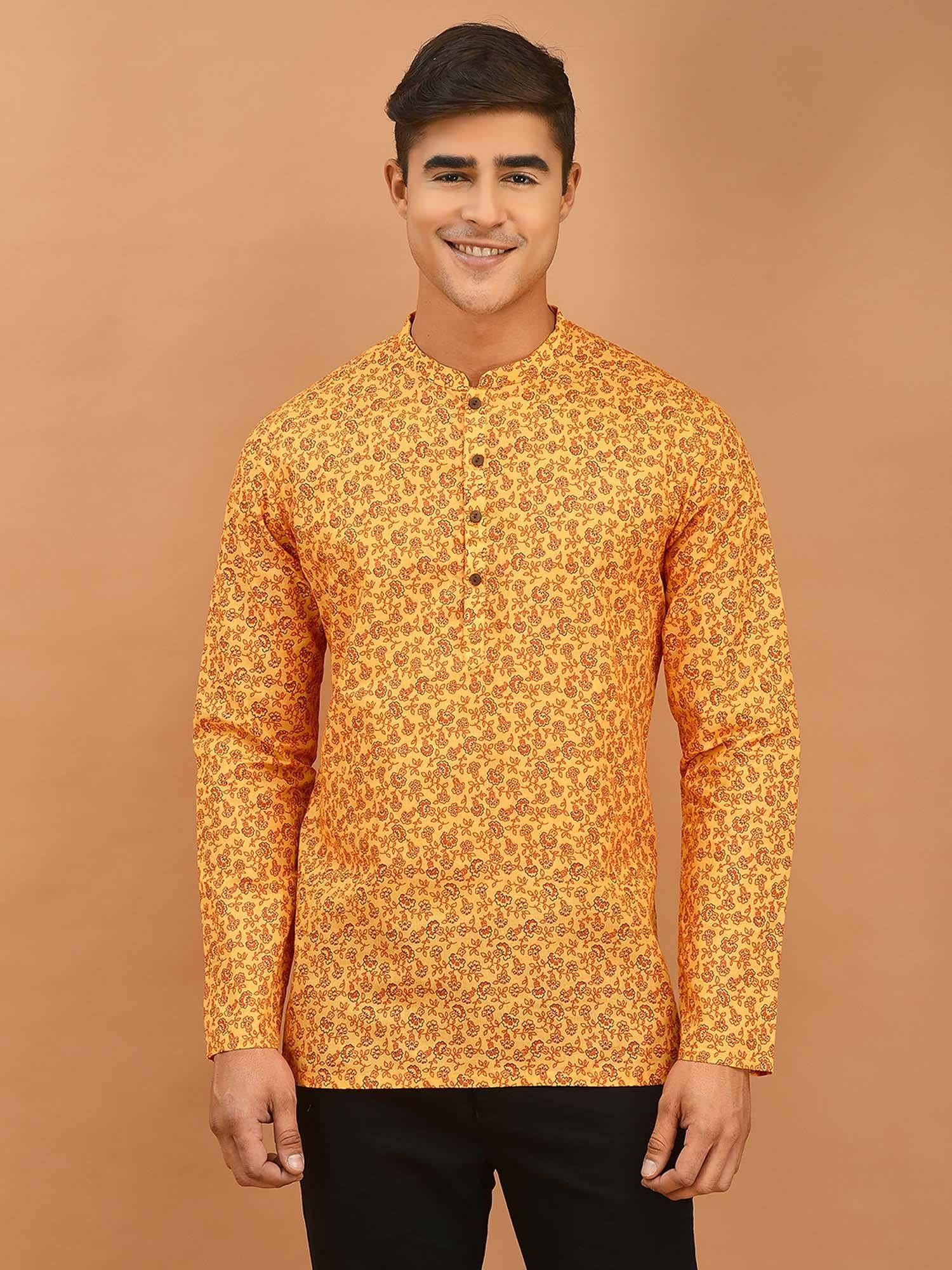 men orange cotton short floral kurta