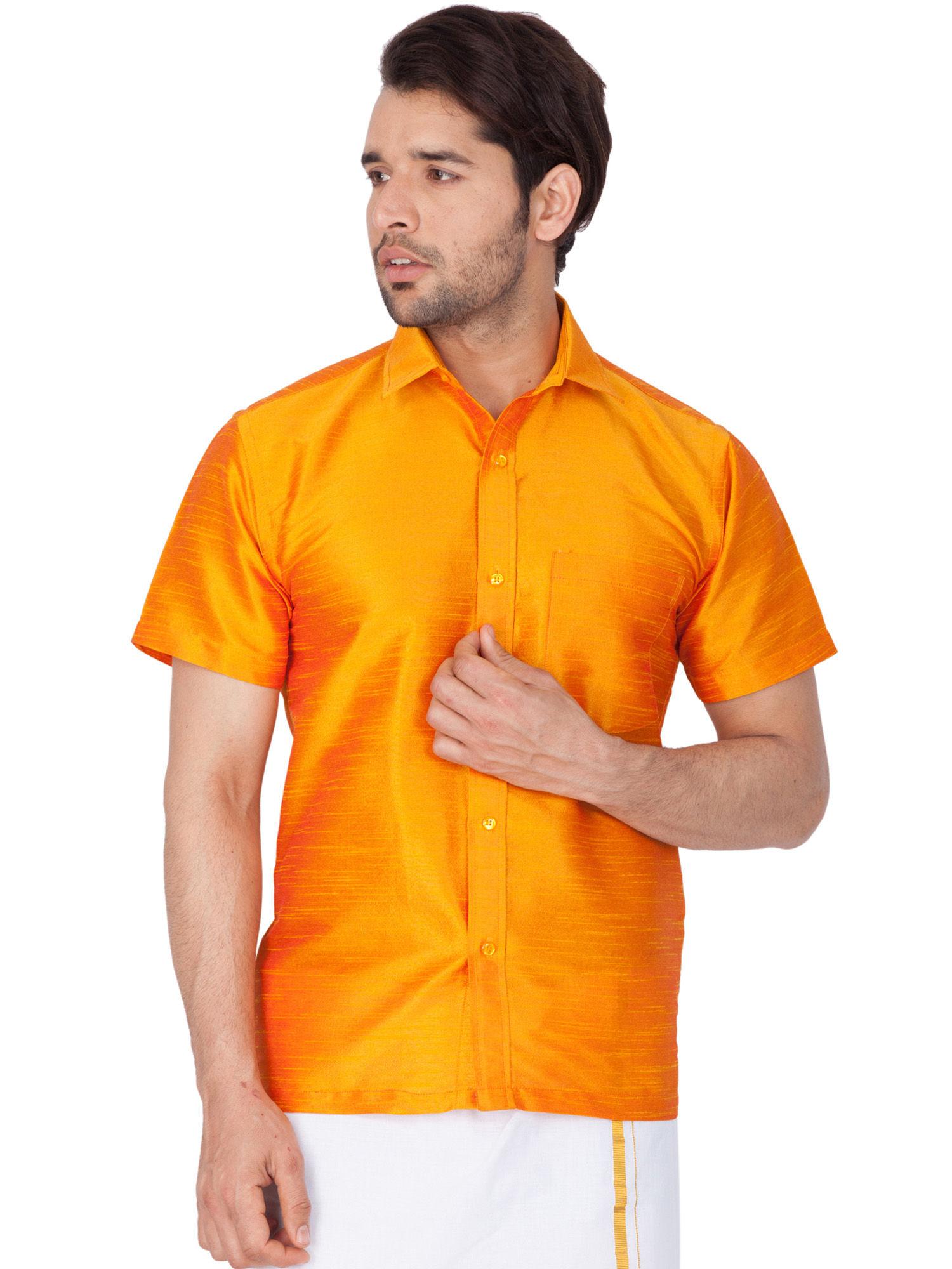 men orange cotton silk ethnic shirt
