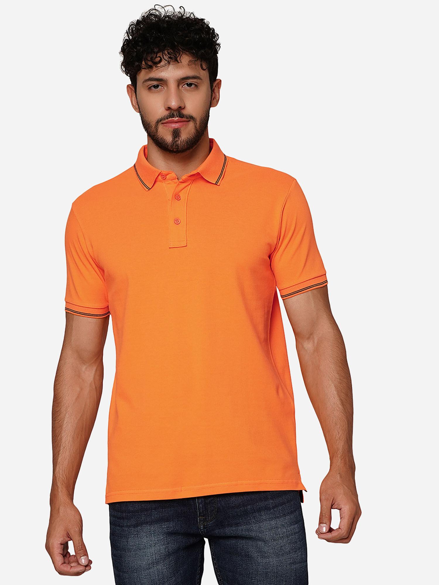 men orange cotton slim solid polo t-shirt