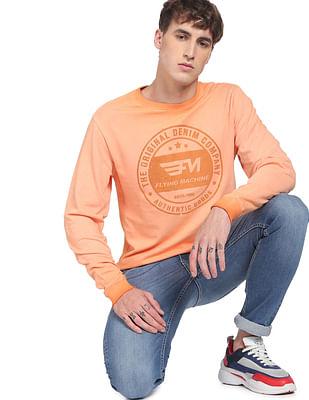 men orange crew neck brand print sweatshirt