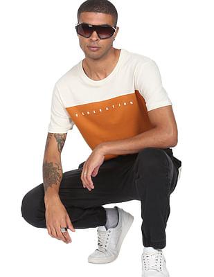 men orange crew neck colour block cotton t-shirt