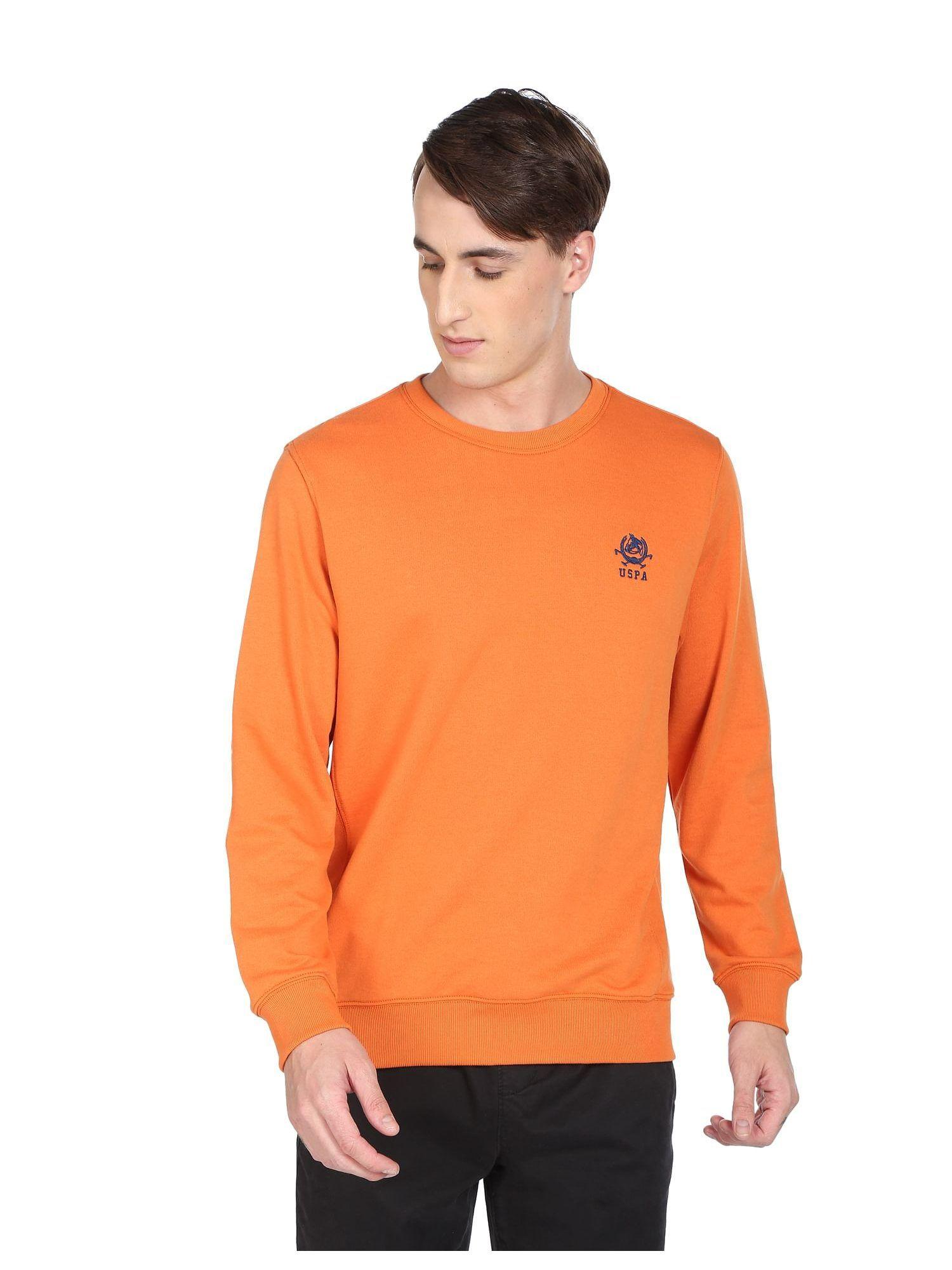 men orange crew neck solid sweatshirt