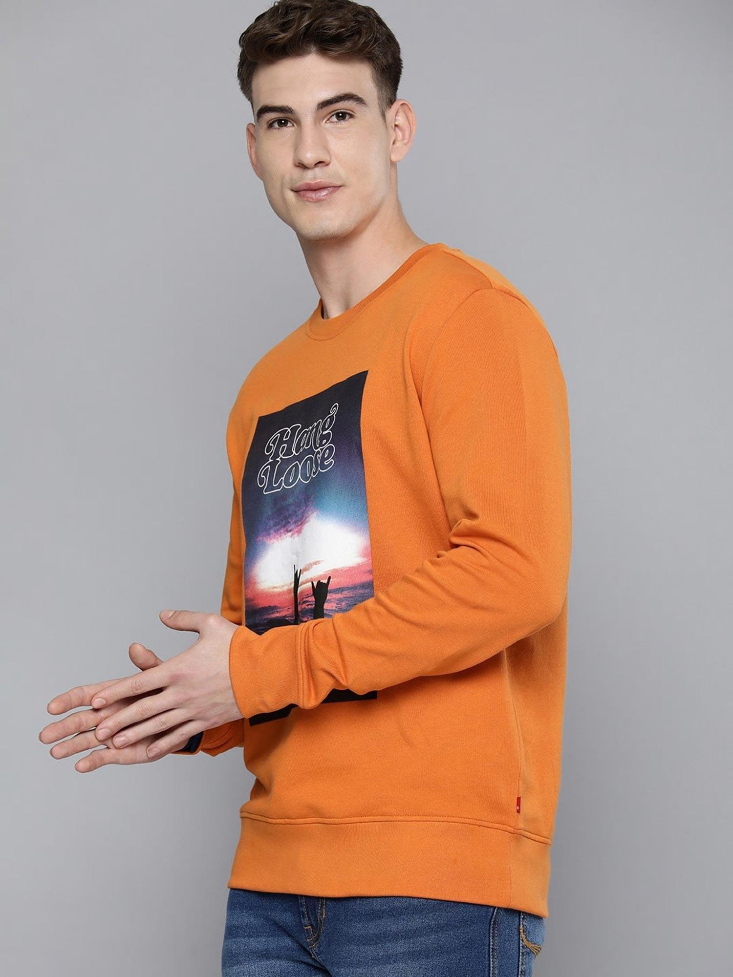 men orange crew neck sweatshirt