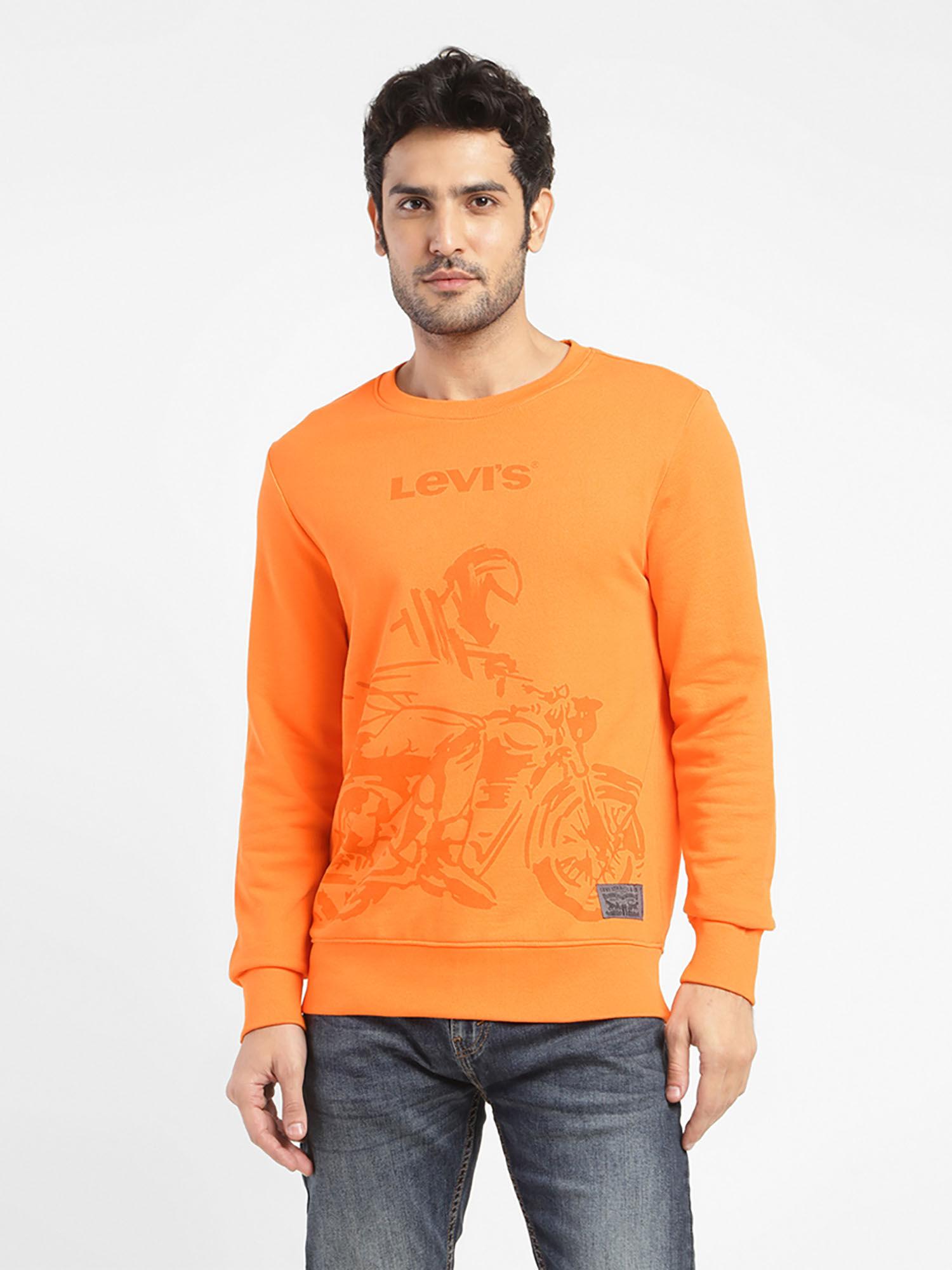 men orange crew neck sweatshirt