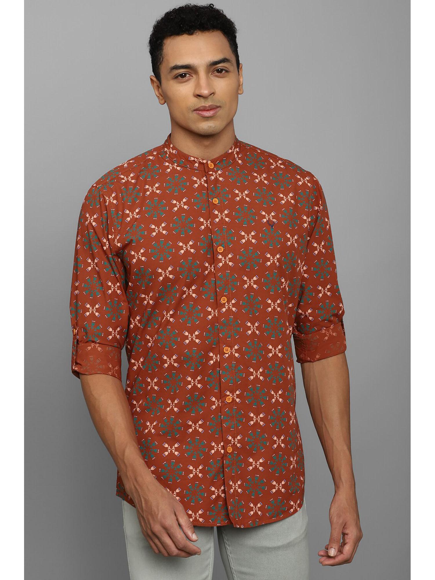 men orange custom fit print full sleeves casual shirt