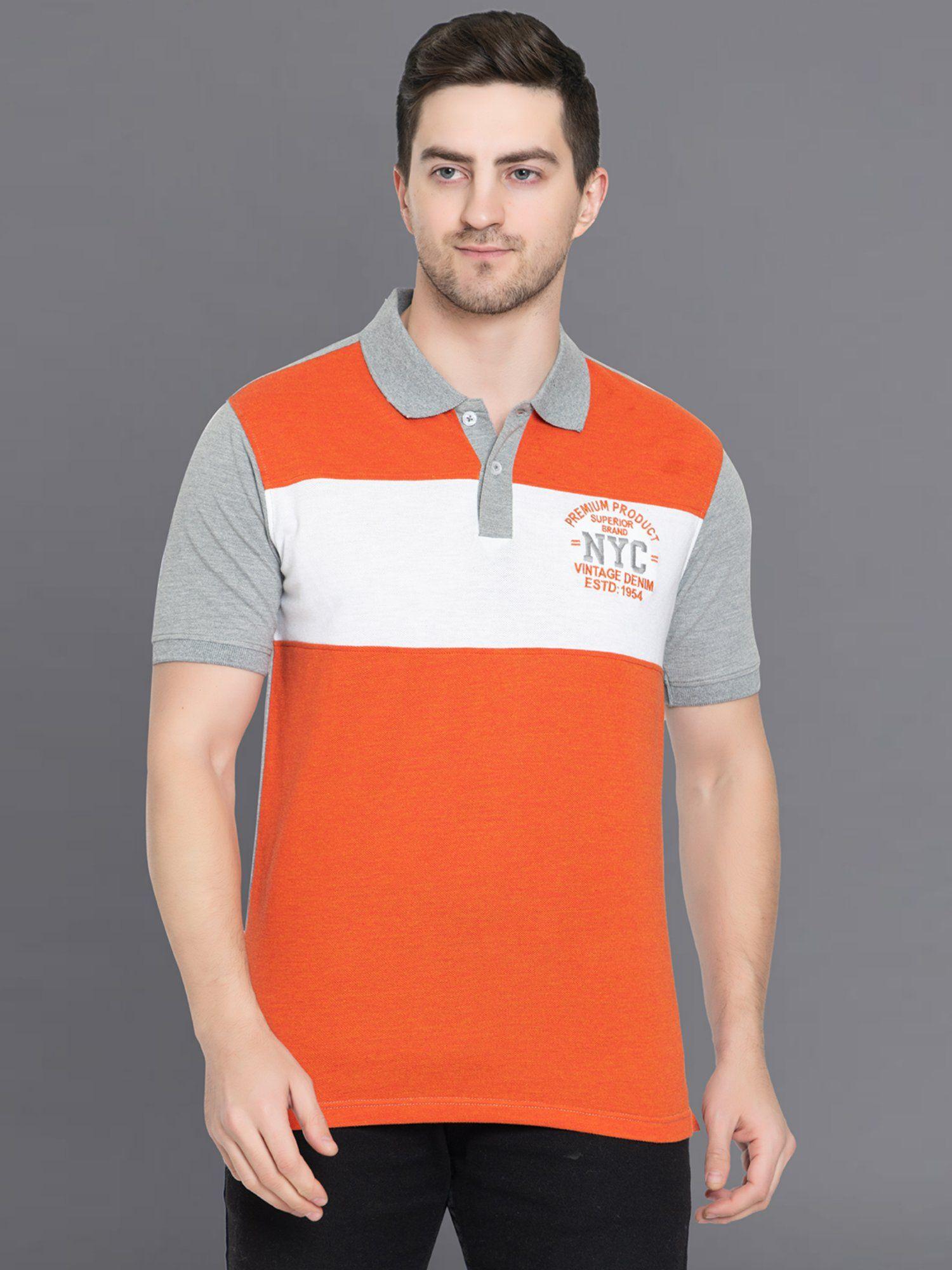 men orange half sleeve colorblocked polo neck t-shirt