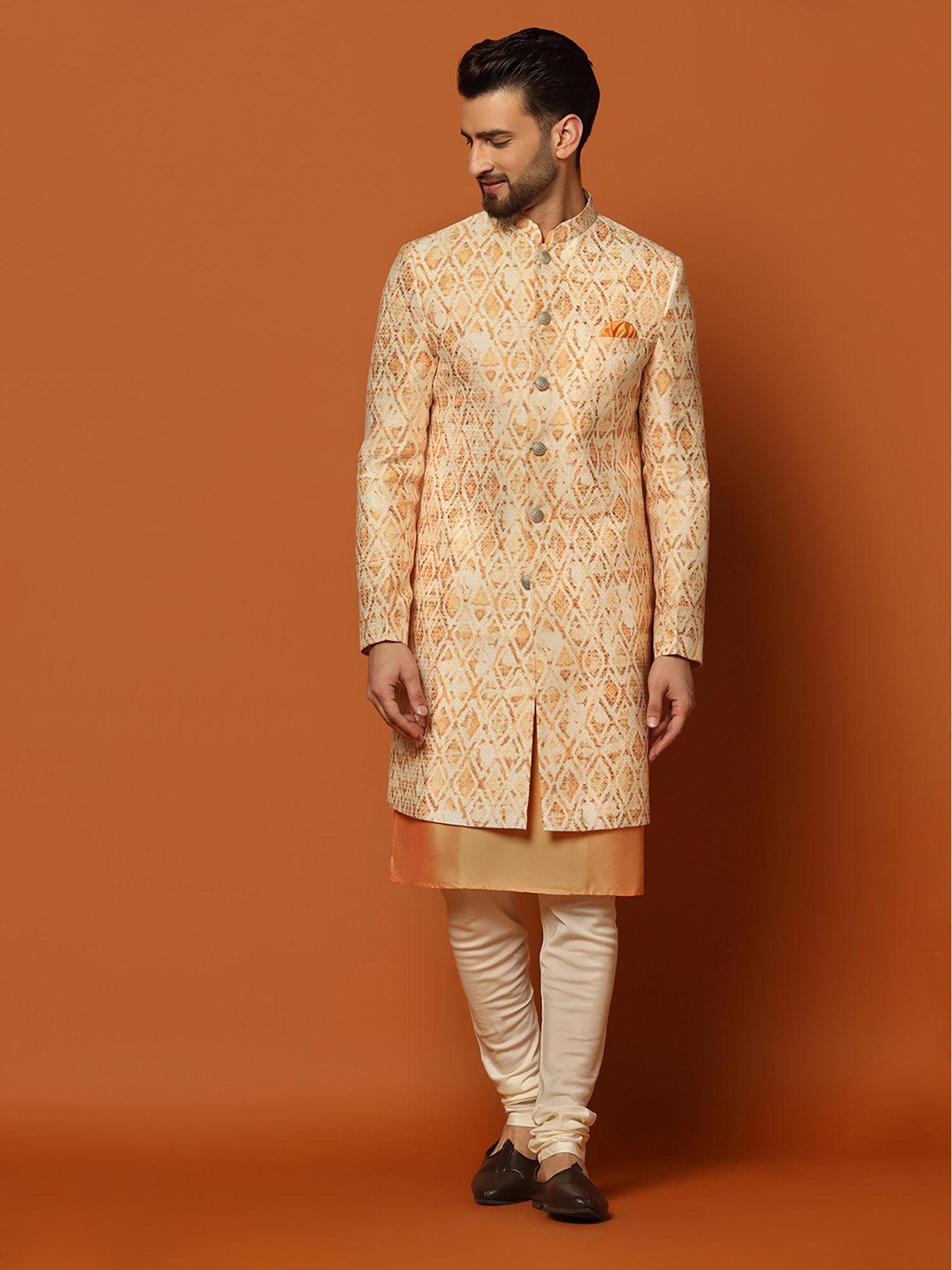 men orange kurta sherwani churidar set (set of 3)