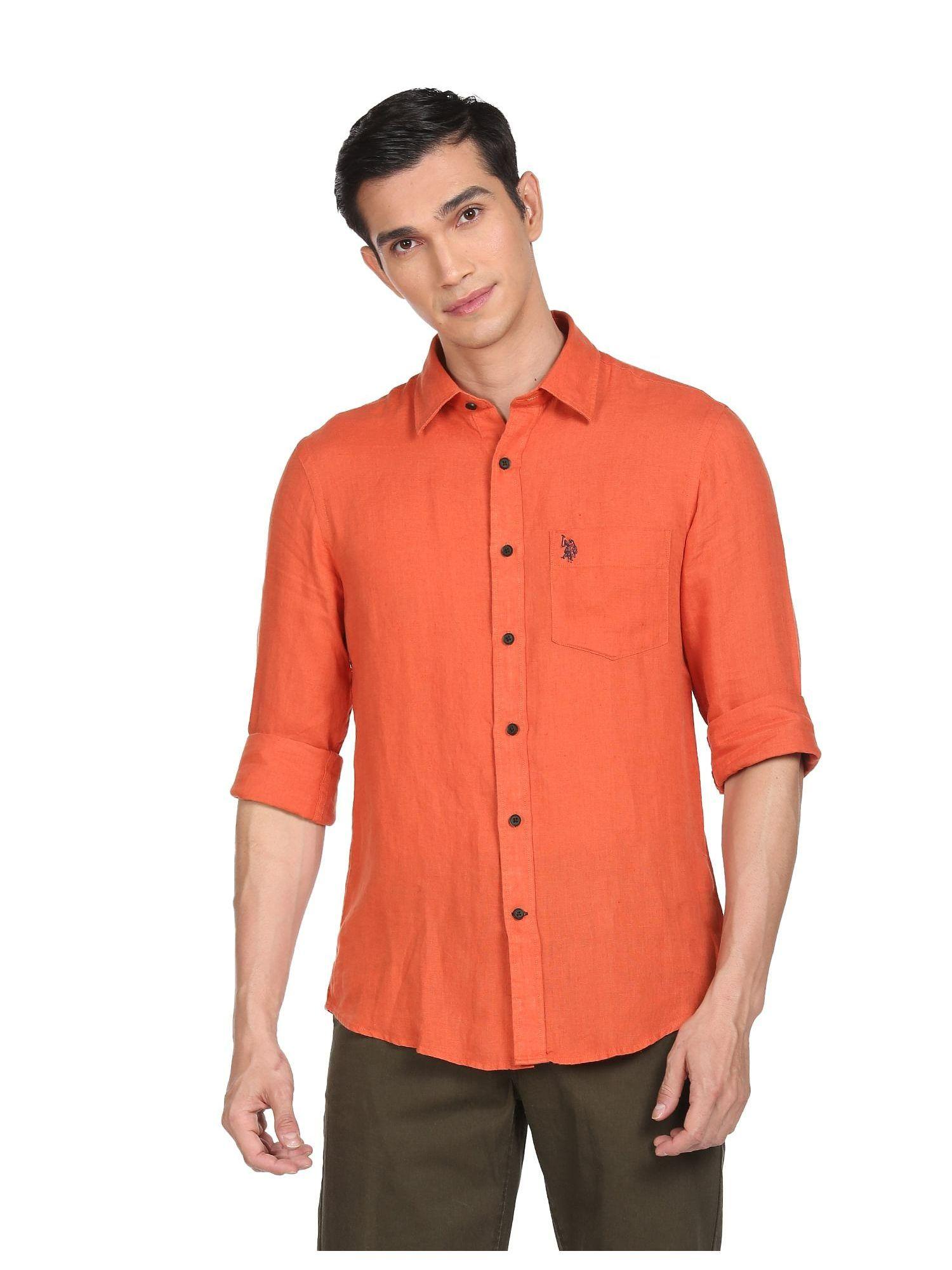 men orange linen solid casual shirt