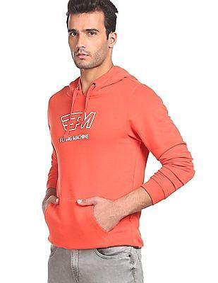 men orange long sleeve brand print hood sweatshirt