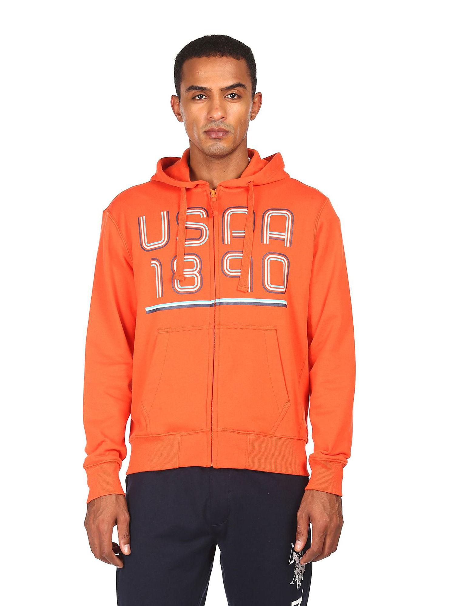 men orange long sleeve brand print hooded sweatshirt