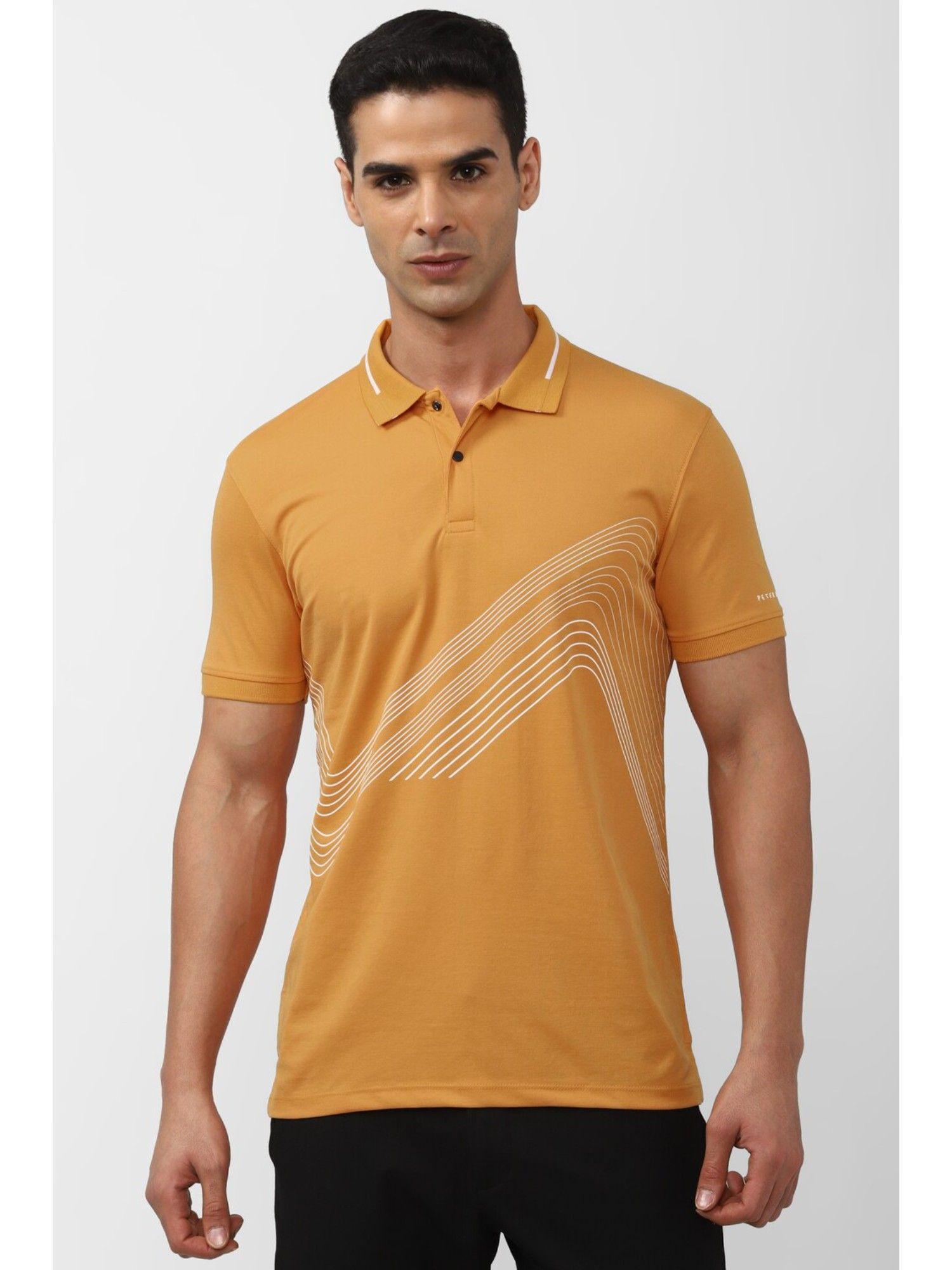 men orange printed polo neck polo t-shirts