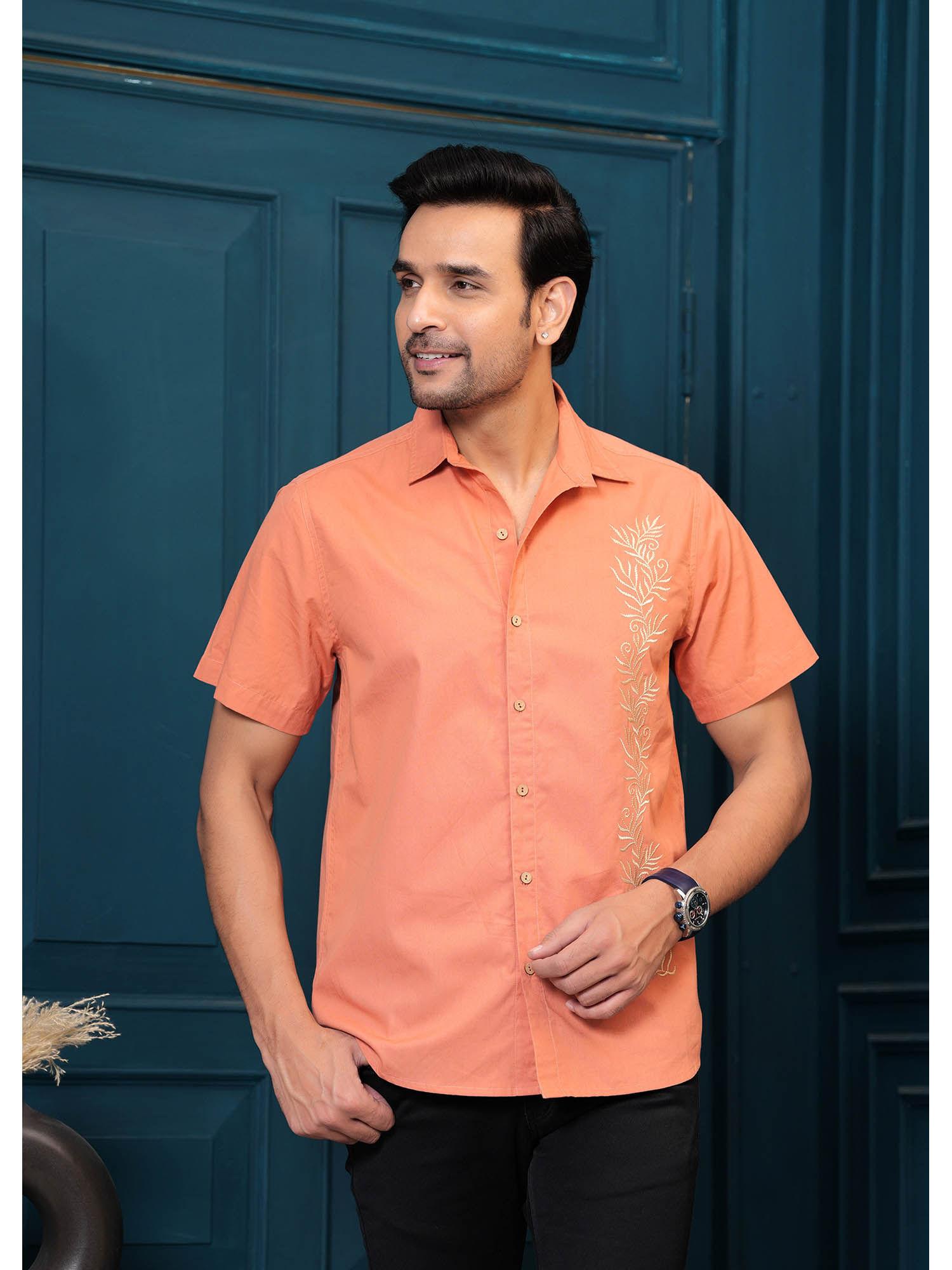 men orange pure cotton solid self design casual shirt