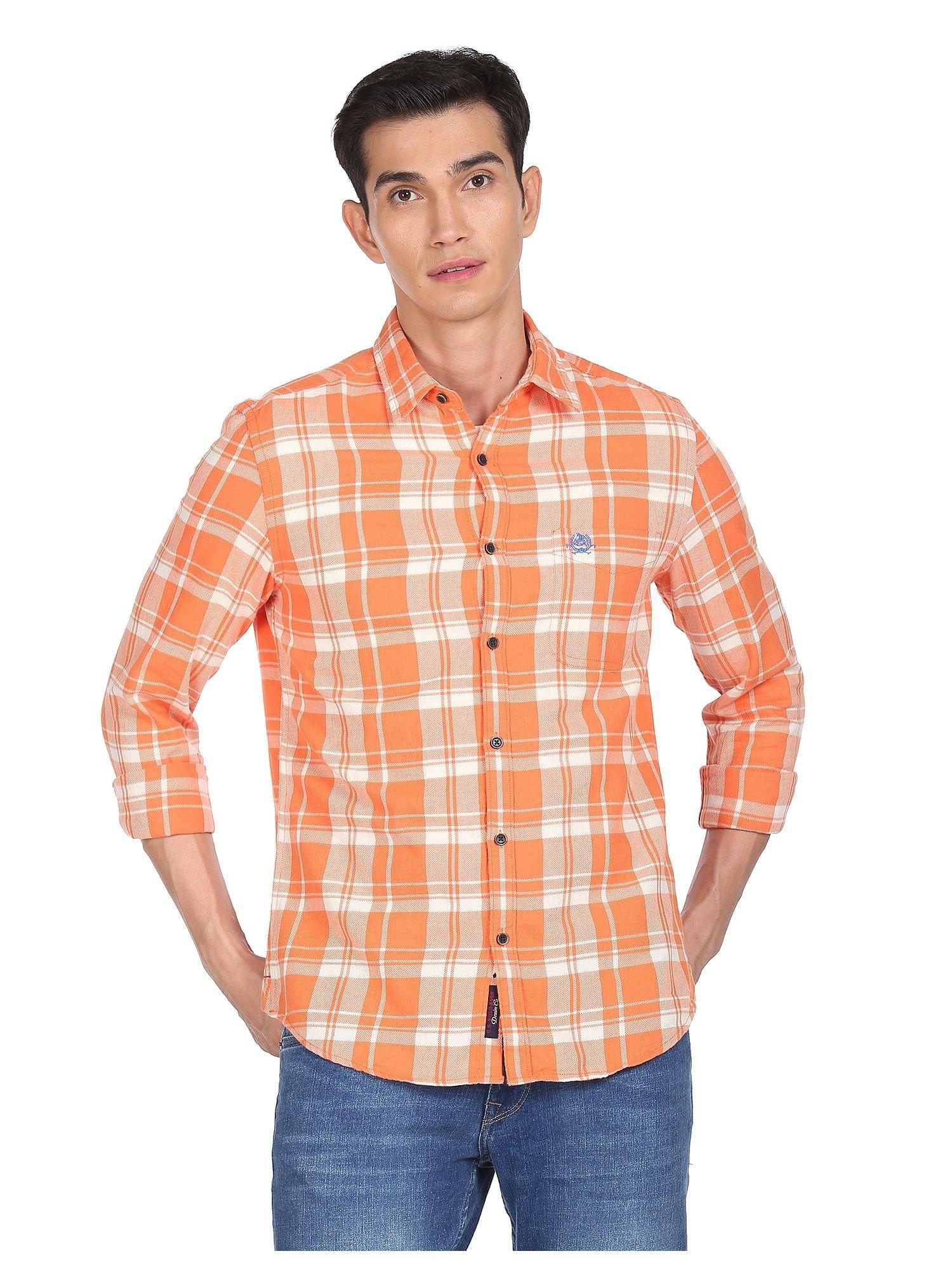 men orange rounded cuff check casual shirt