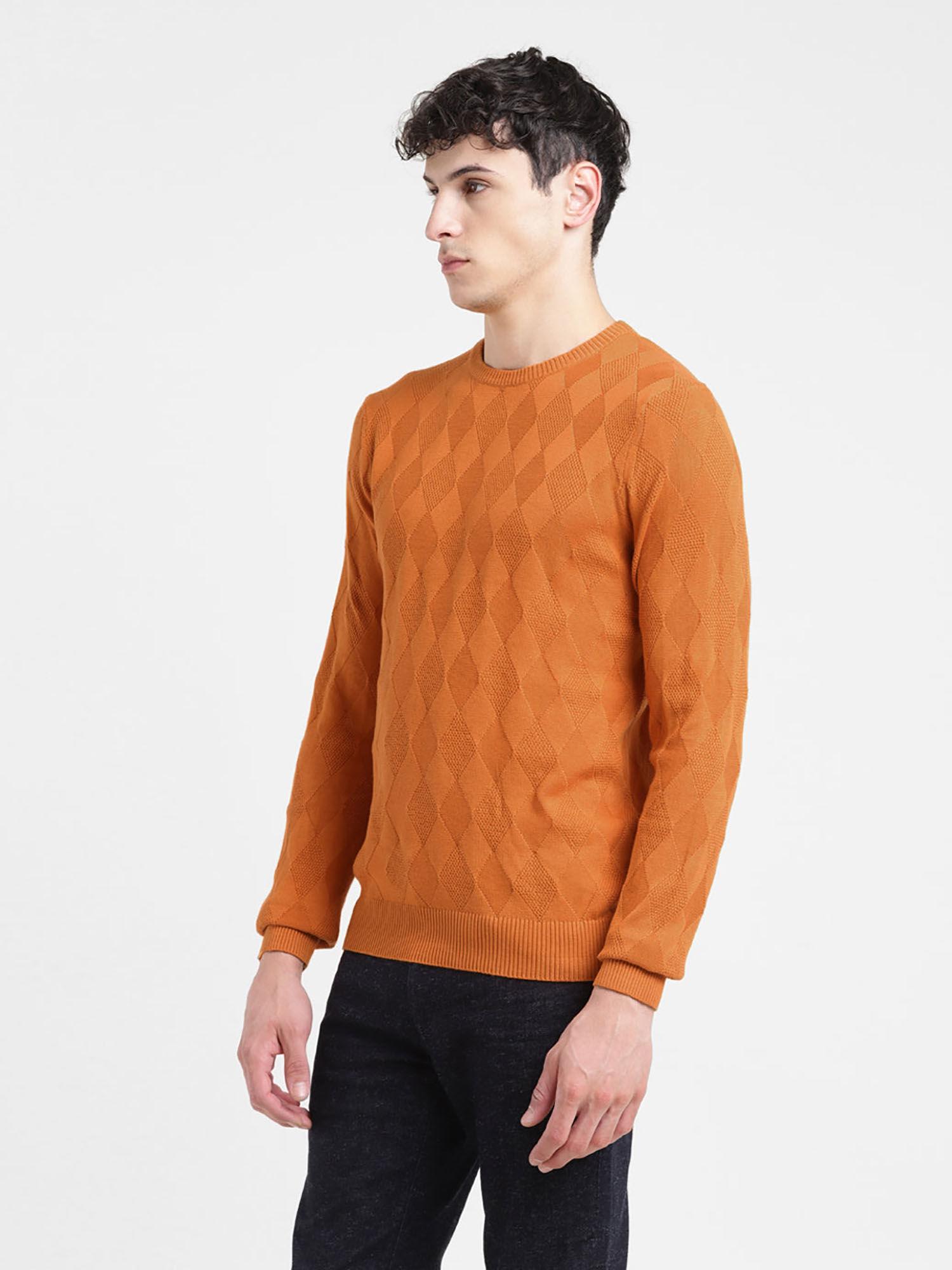 men orange self design regular fit sweater