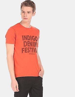 men orange short sleeve printed t-shirt