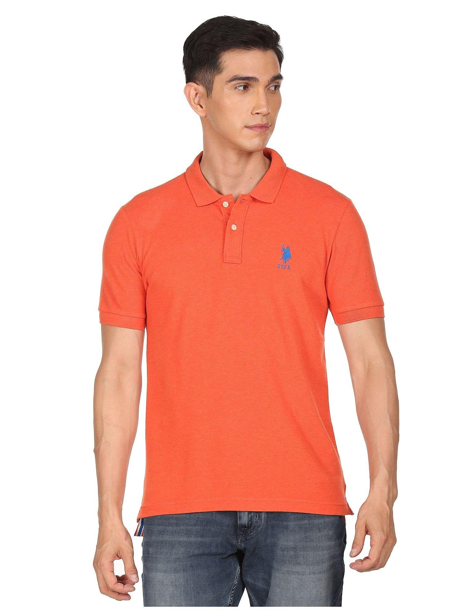 men orange short sleeve solid pique polo t-shirt