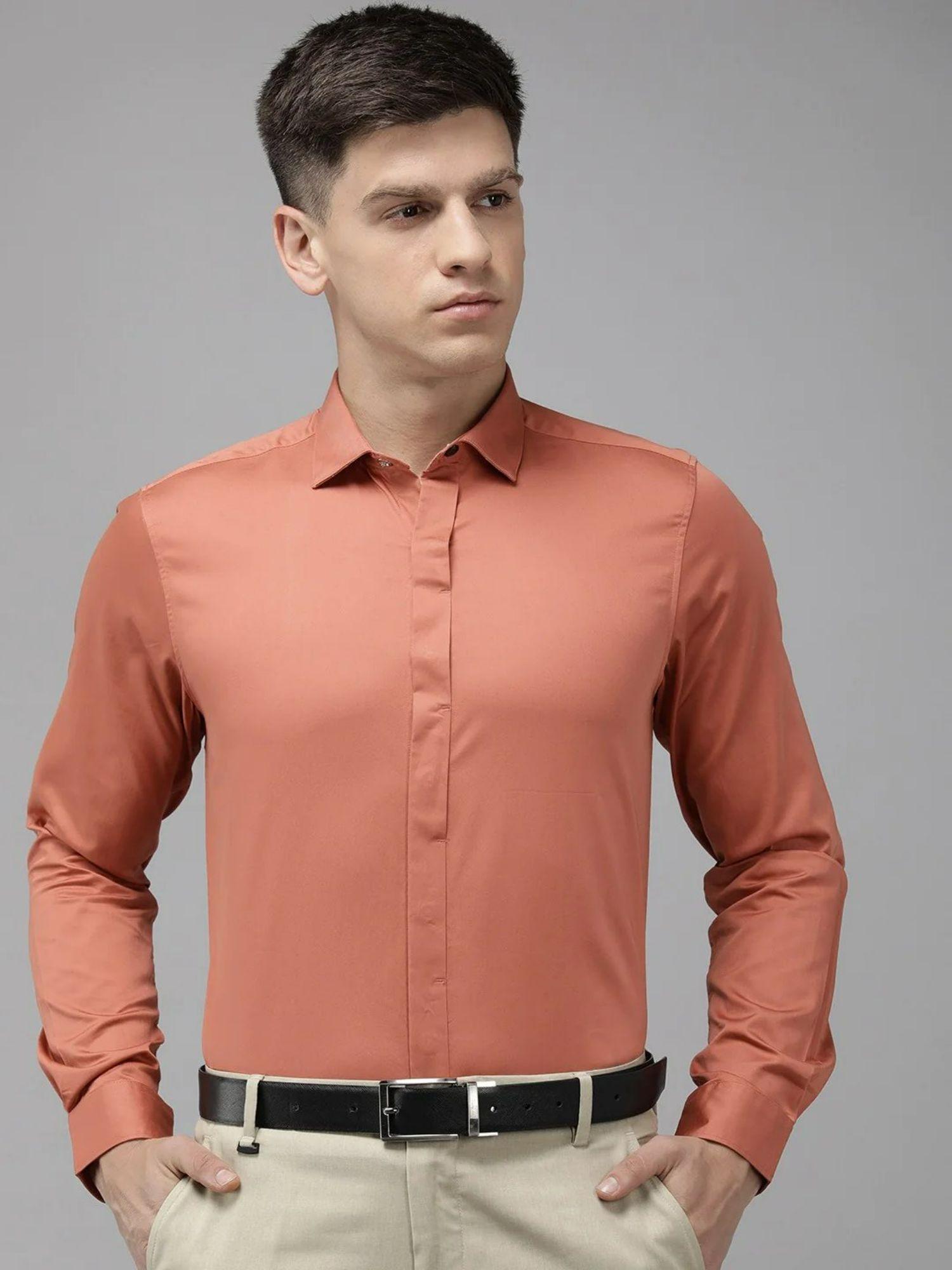 men orange slim fit pure cotton formal shirt