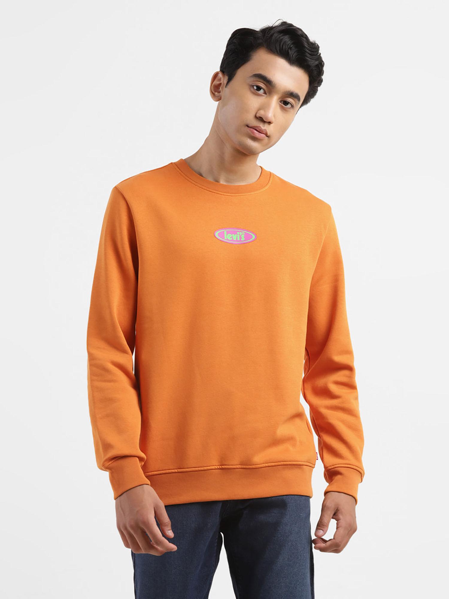 men orange solid regular fit sweatshirt