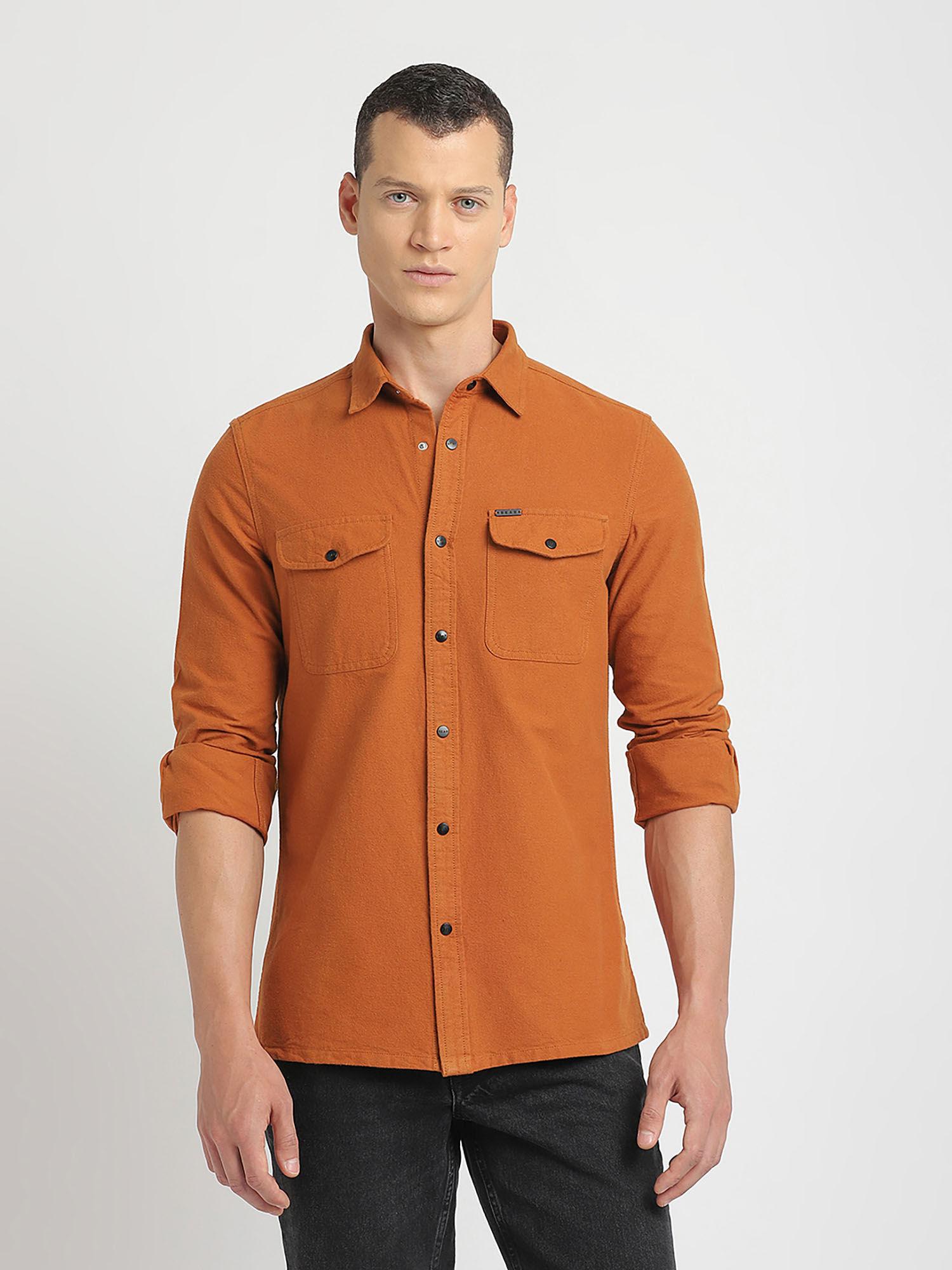 men orange solid slim fit cotton casual shirt with flap pocket
