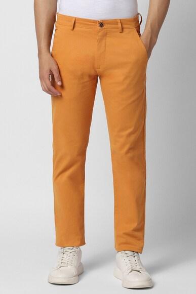 men orange solid super slim fit casual trousers