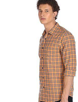 men orange spread collar check shirt