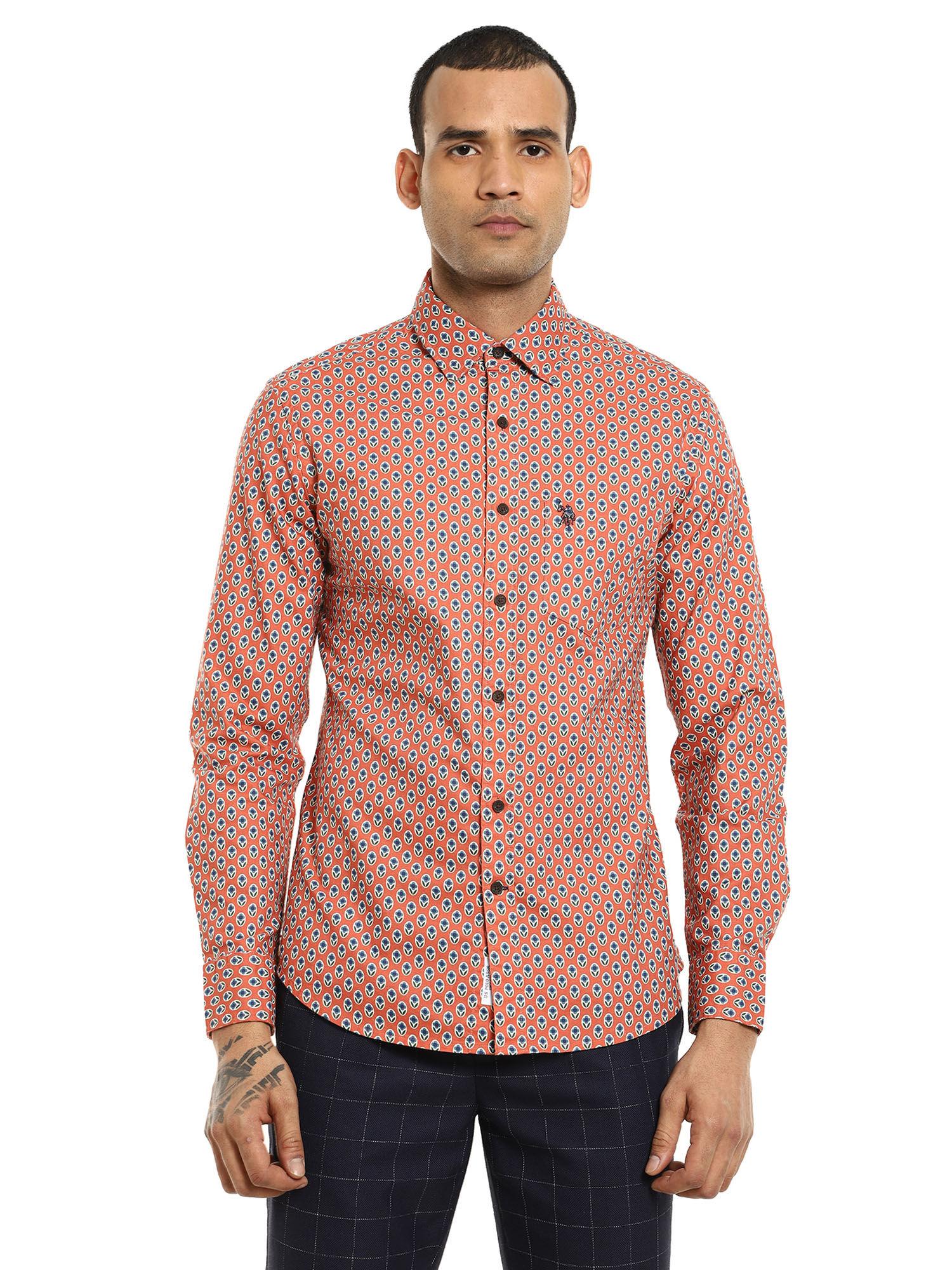 men orange spread collar cotton casual shirt