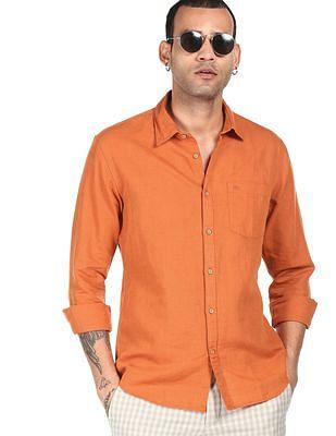 men orange spread collar long sleeves solid shirt