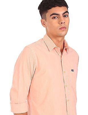 men orange spread collar striped casual shirt