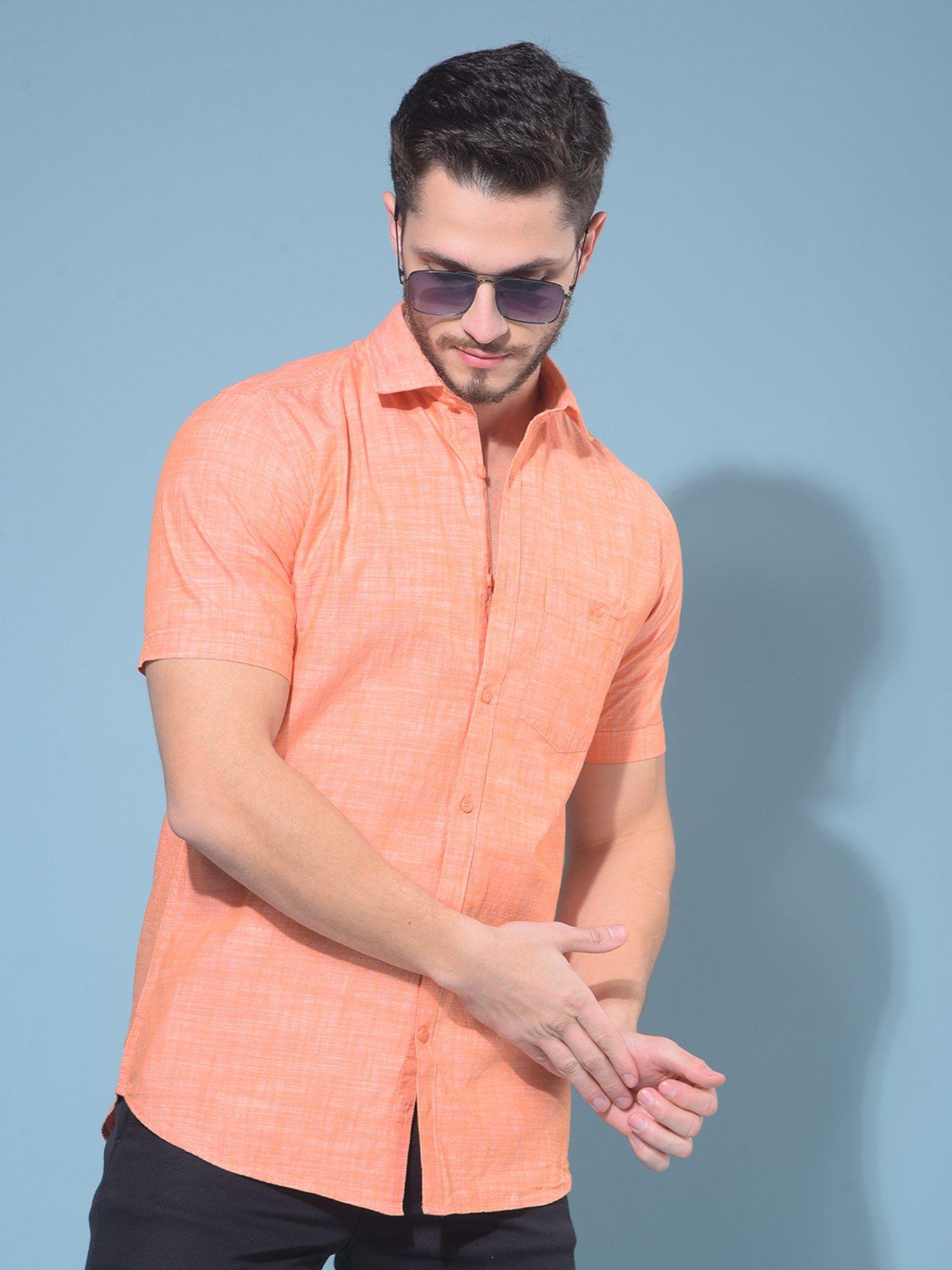 men orange textured design cotton casual shirt