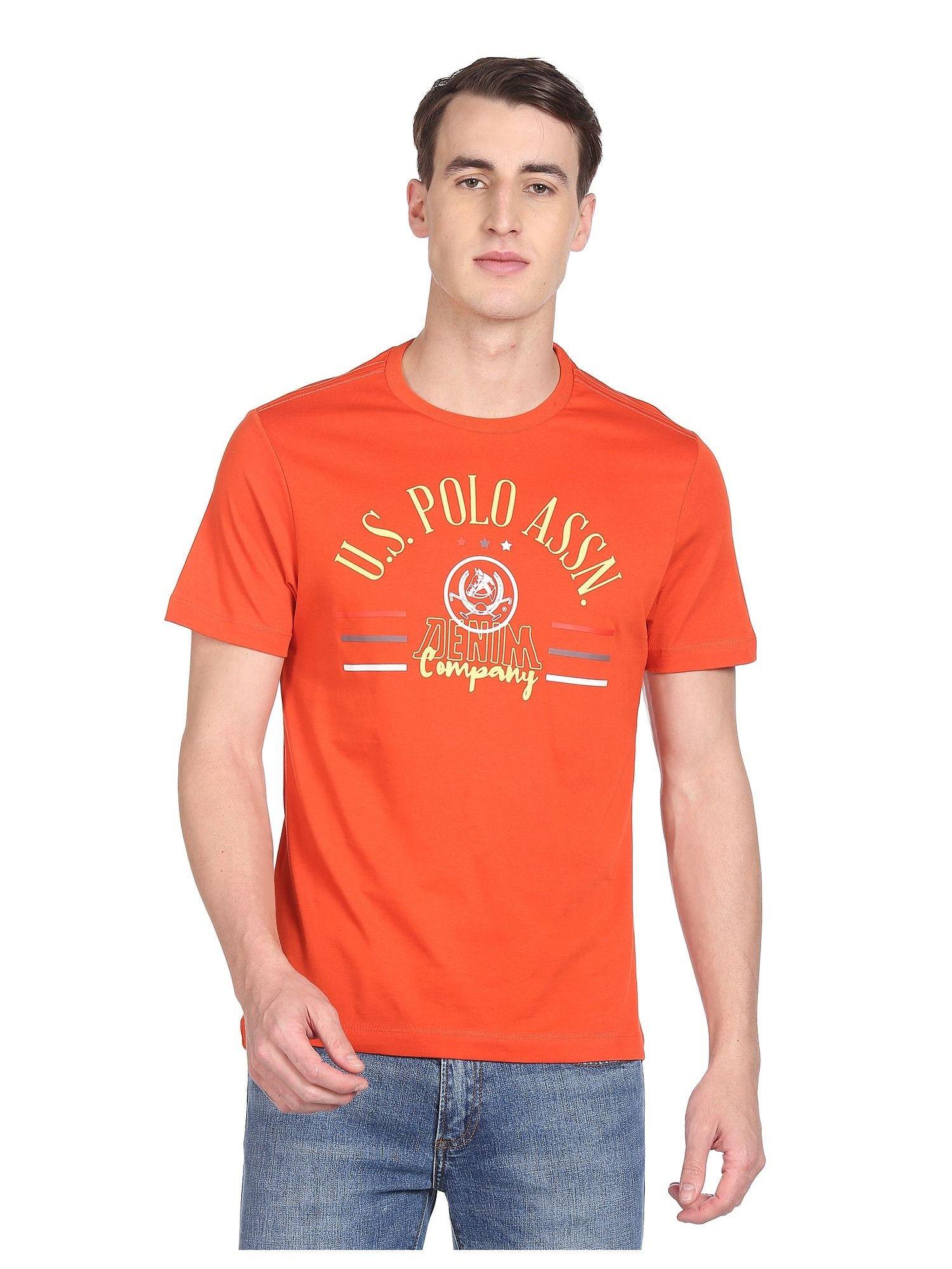 men orange typographic print cotton crew neck t-shirt