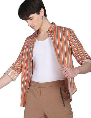 men orange vertical stripe cotton casual shirt